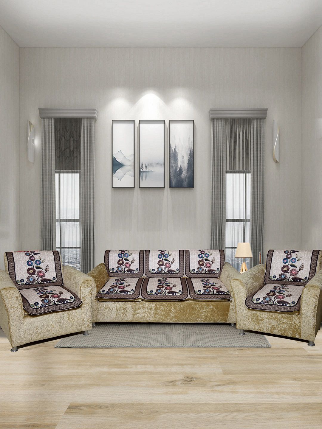 BELLA TRUE 6 Pieces Brown & White Digital Printed 5-Seater Sofa Cover Price in India