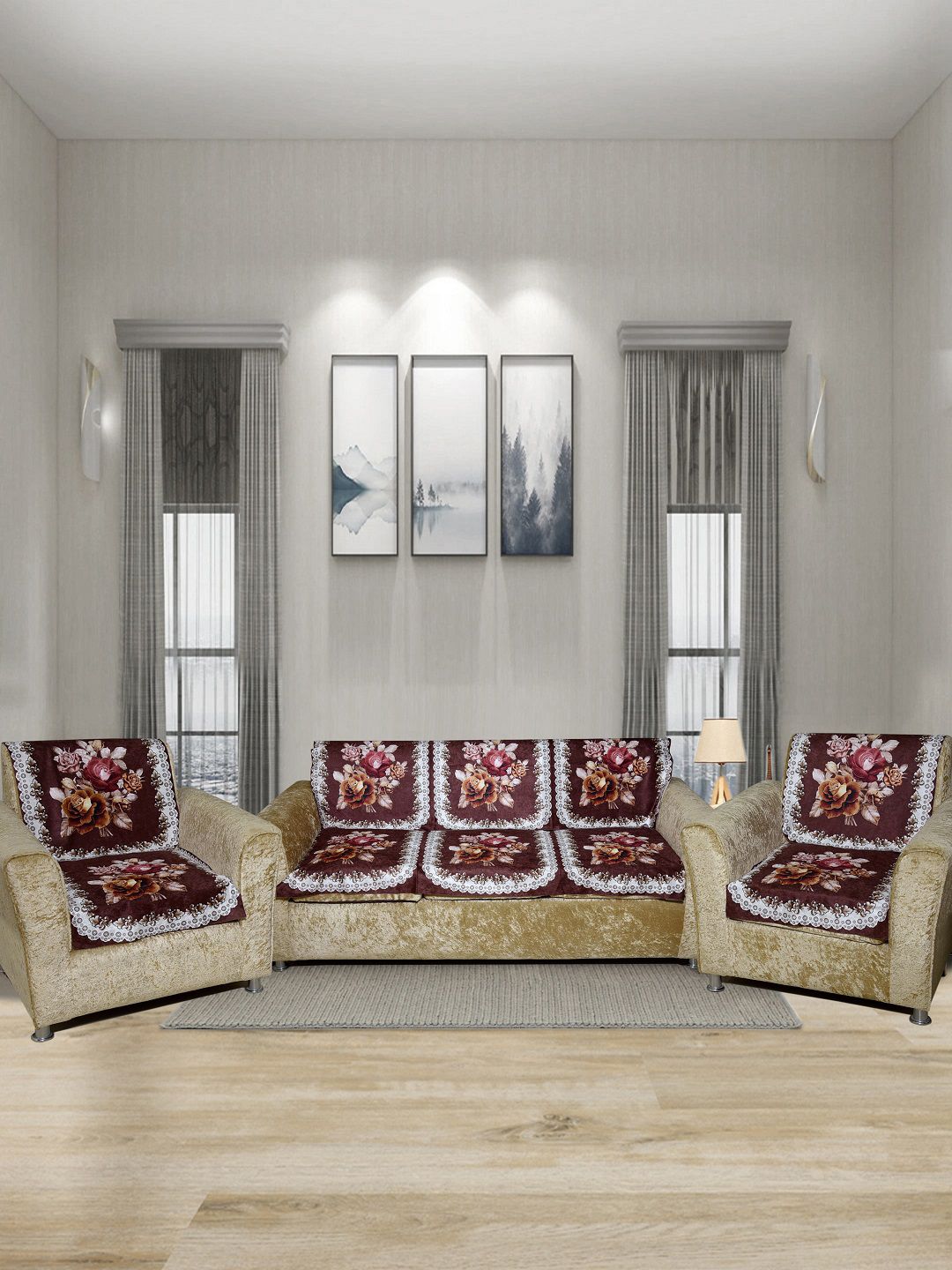 BELLA TRUE Brown & White Digital Printed 5-Seater Sofa Cover Price in India