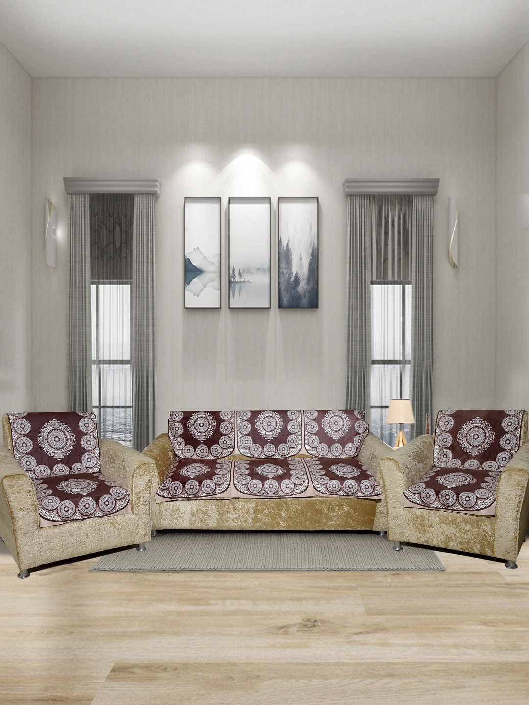BELLA TRUE 6 Pieces Brown & White Digital Printed 5-Seater Sofa Cover Price in India
