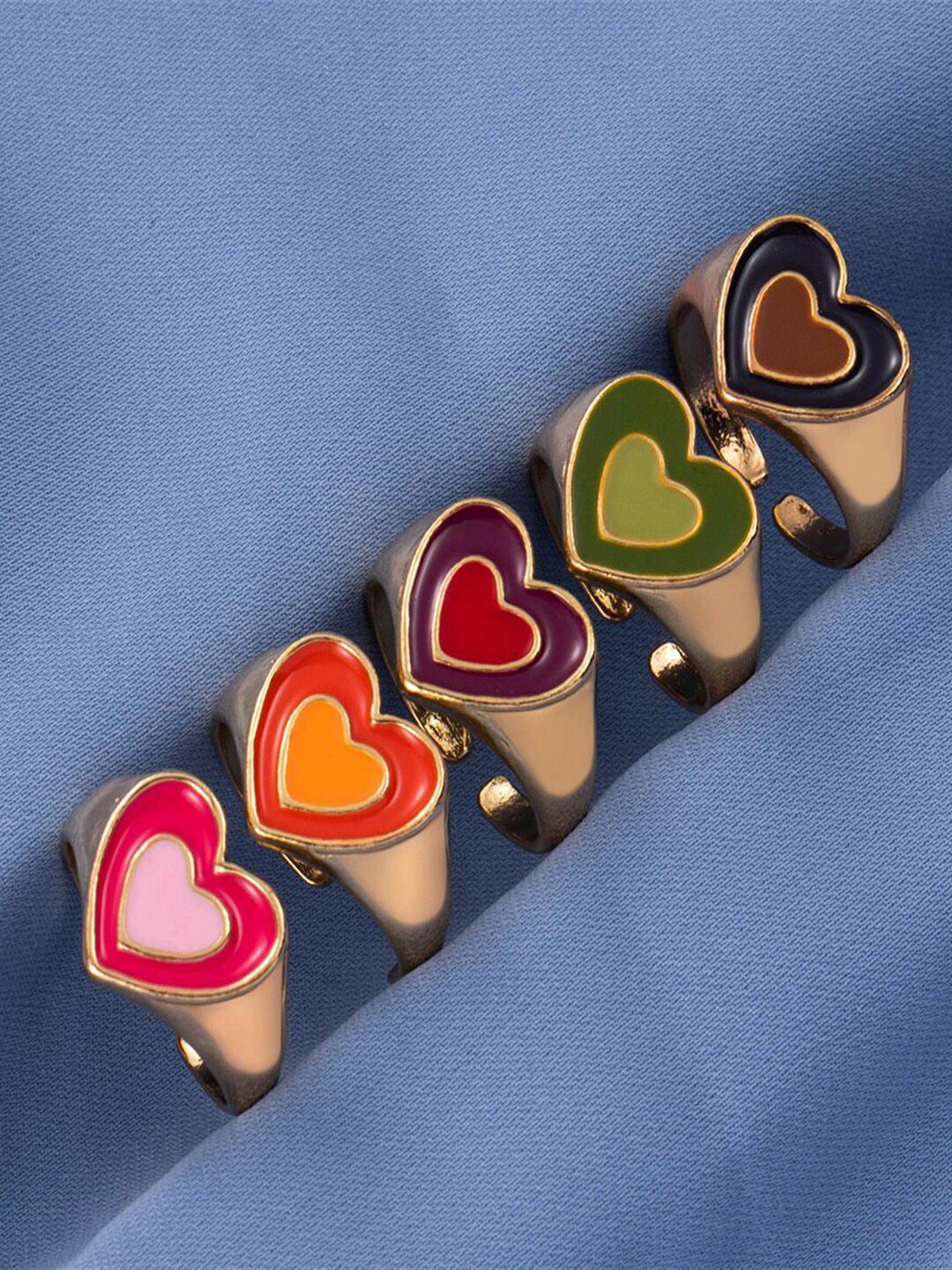 Jewels Galaxy Set Of 5 Gold-Plated & Pink Heart Shaped Finger Ring Price in India
