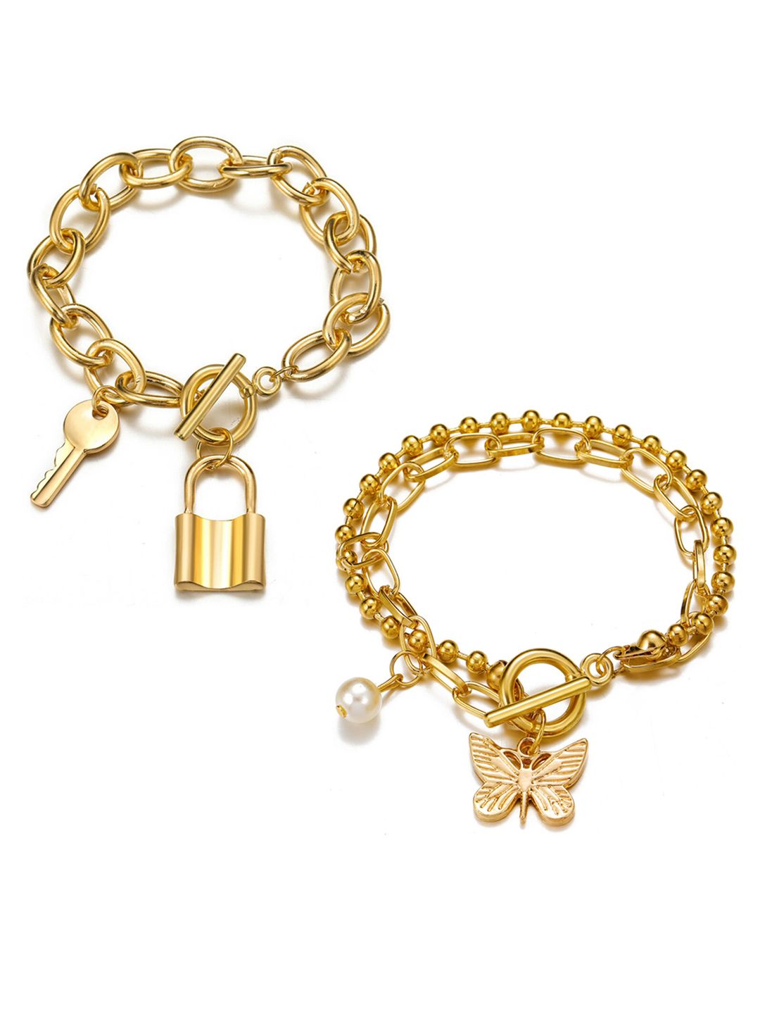 Jewels Galaxy Women Set of 2 Gold-Toned Gold-Plated Link Bracelet Price in India
