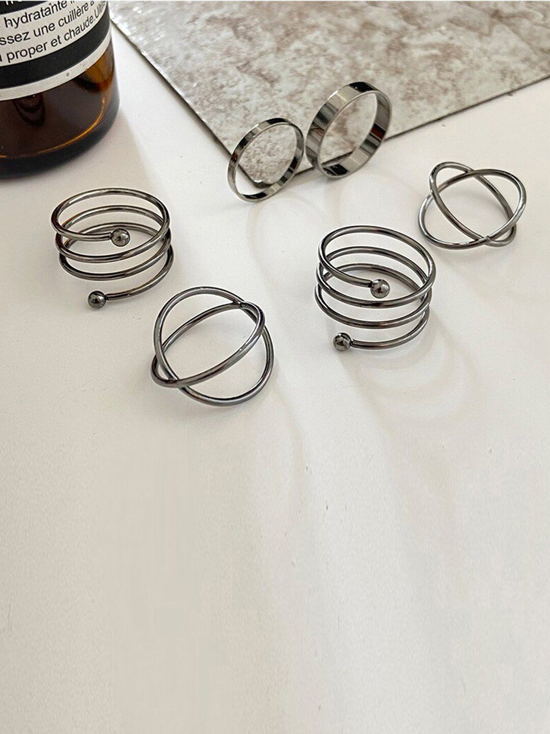 Jewels Galaxy Set Of 6 Silver-Plated & Black Adjustable Finger Ring Price in India