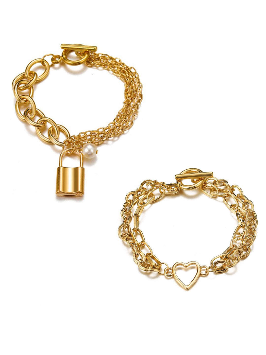 Jewels Galaxy Women  Gold-Plated Lock Pearl Link Bracelet Set Of 2 Price in India