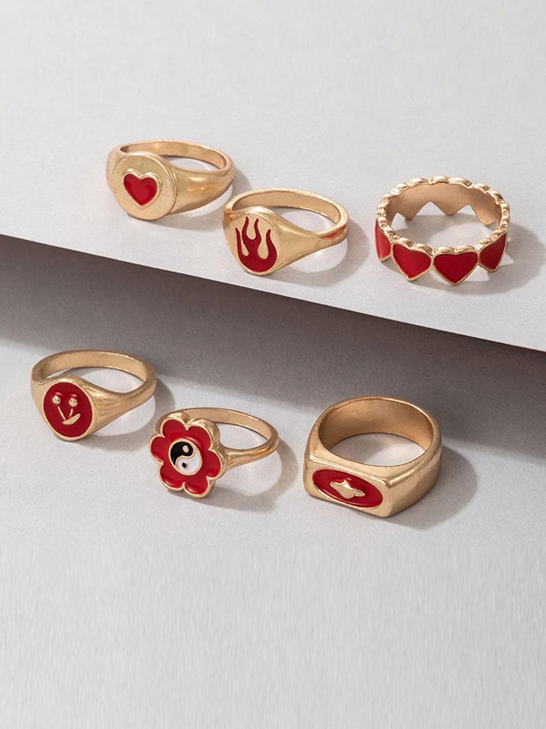 Jewels Galaxy Set Of 6 Gold-Plated Red Finger Rings Price in India