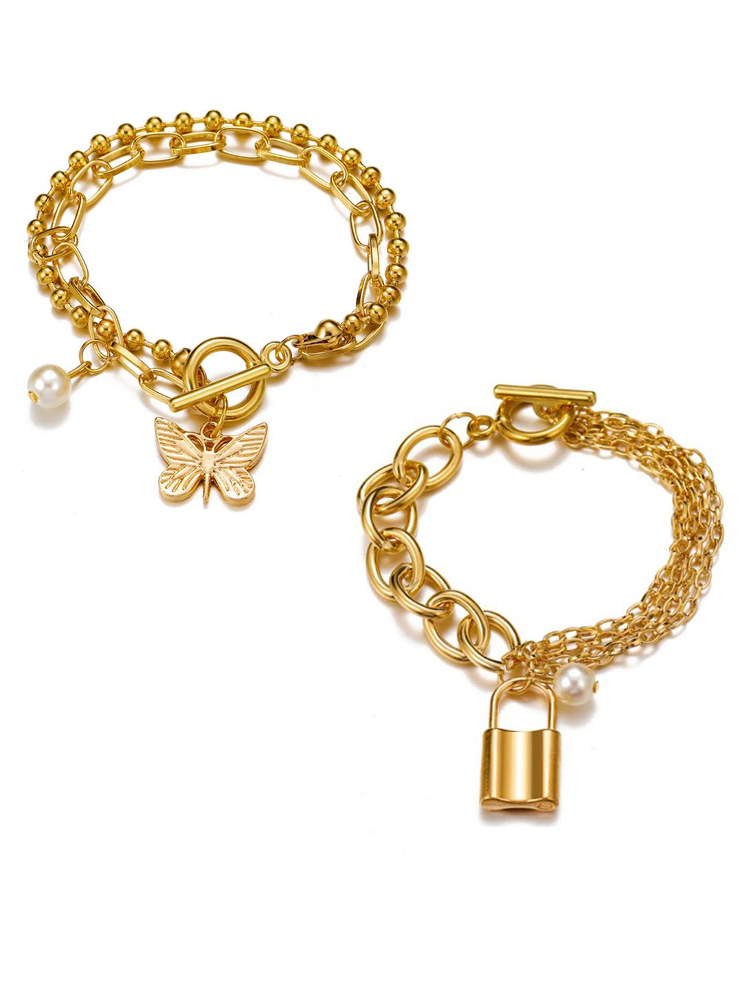 Jewels Galaxy Women Set of 2 Gold-Plated & White Link Bracelet Price in India