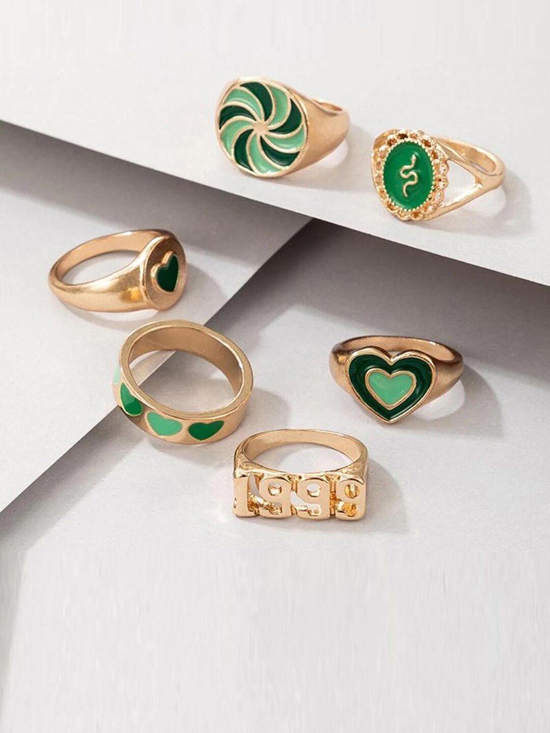 Jewels Galaxy Set Of 6 Gold-Plated Green Finger Rings Price in India