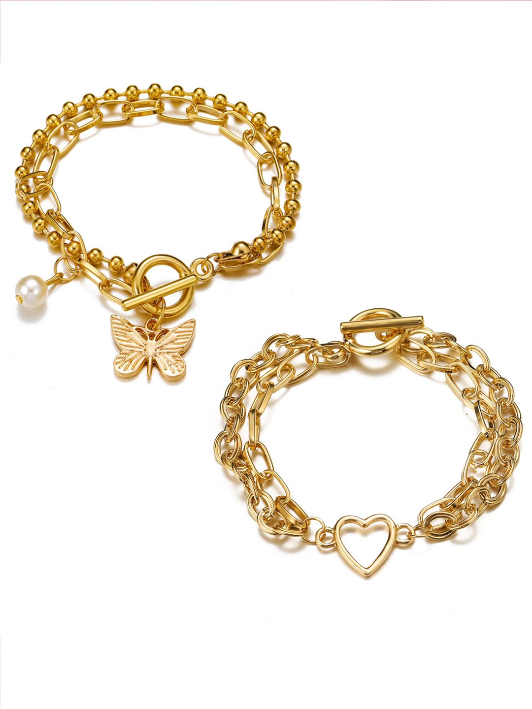 Jewels Galaxy Set Of 2 White & Gold-Plated Butterfly & Heart Charm Pearl Link Bracelet Price in India