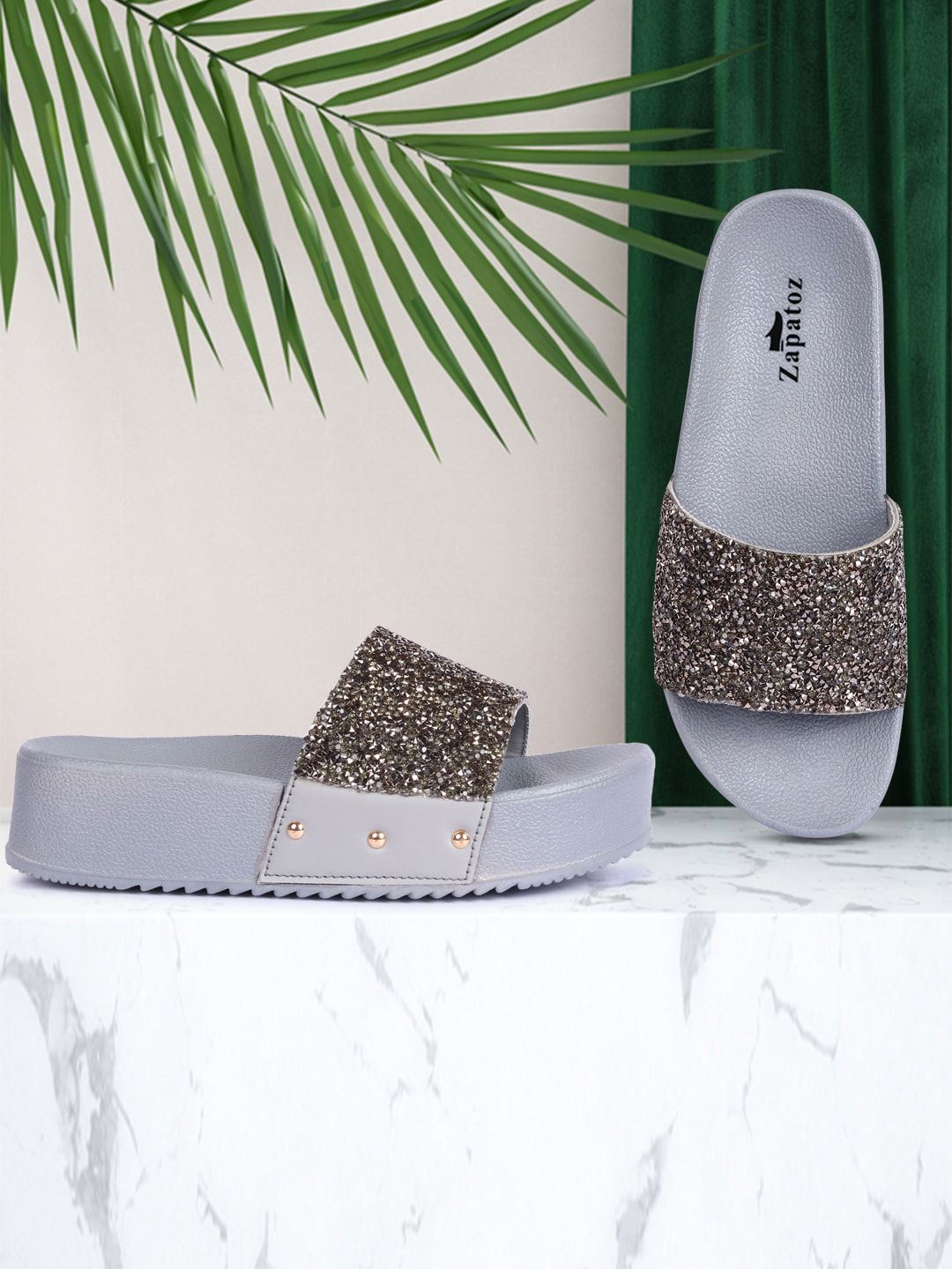 ZAPATOZ Grey Embellished PU Flatform Sandals Price in India
