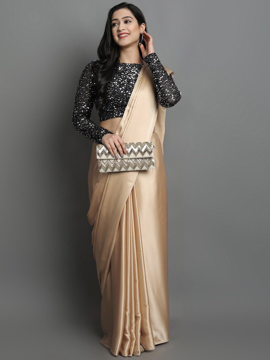 KALINI Beige Satin Saree With Sequinned Blouse Piece Price in India