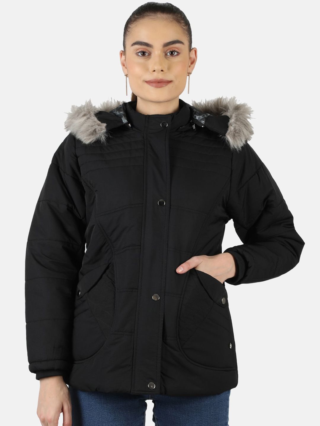 Monte Carlo Women Black Lightweight Hooded Padded Jacket Price in India