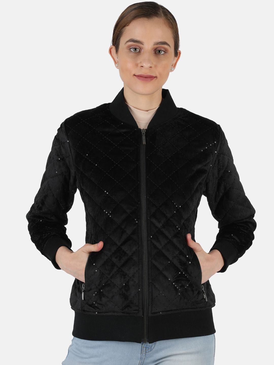 Monte Carlo Women Black Embellished Lightweight Quilted Jacket Price in India
