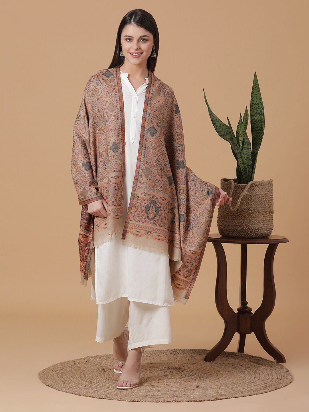 SHINGORA Women Beige & Black Woven Design Stole Price in India