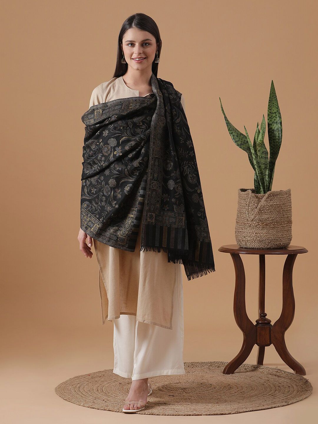 SHINGORA Women Black & Silver-Toned Woven Design Stole Price in India