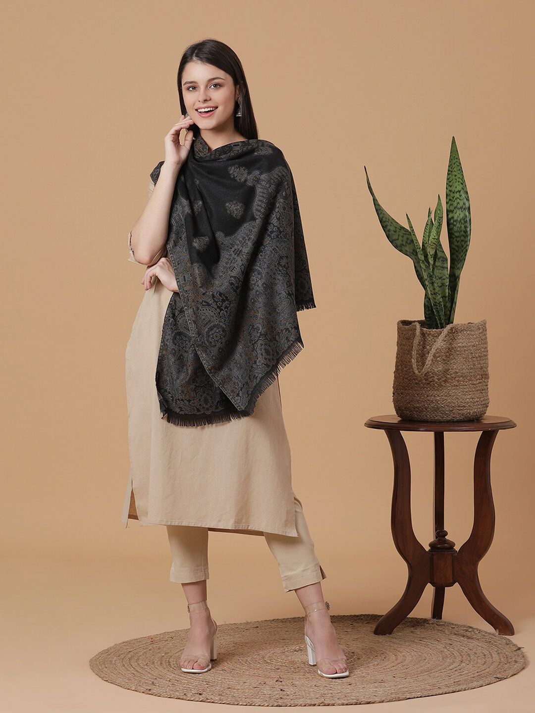 SHINGORA Women Black & Grey Woven Design Stole Price in India