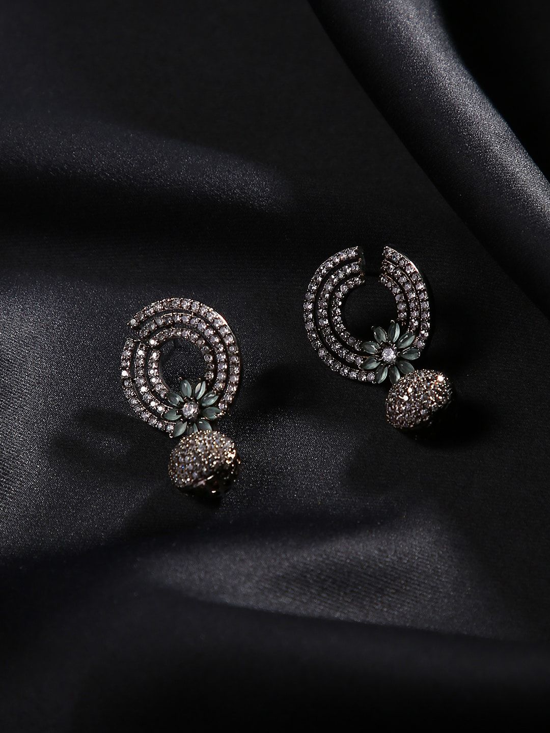 justpeachy Black Silver Plated Studded Circular Drop Earrings Price in India