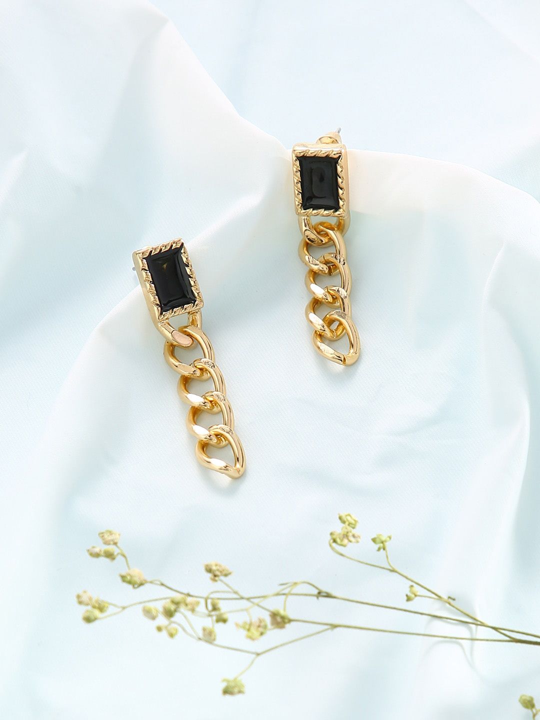 justpeachy Gold-Toned & Black Contemporary Drop Earrings Price in India