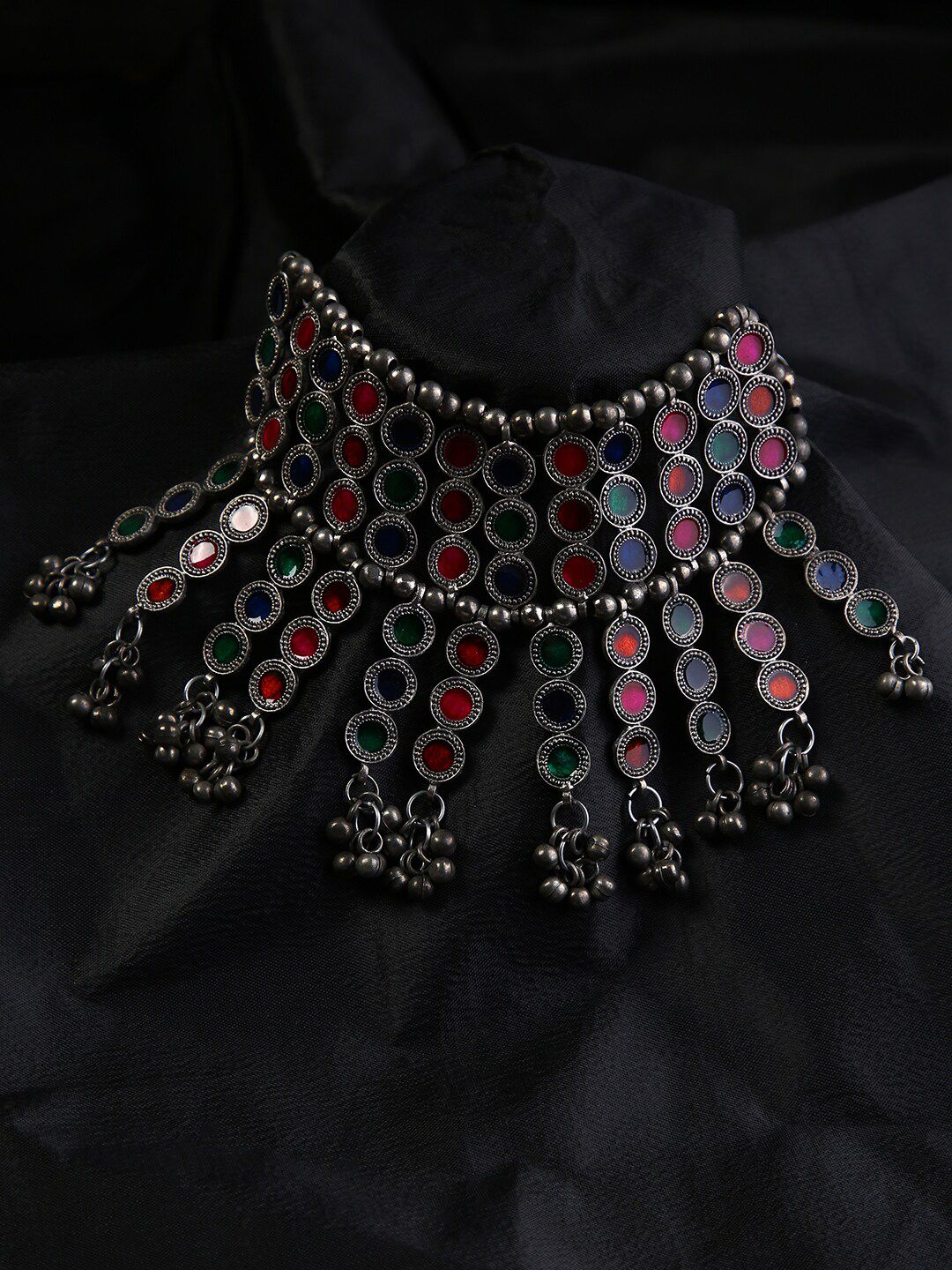 justpeachy Oxidised Silver-Plated Magenta & Green Necklace Price in India