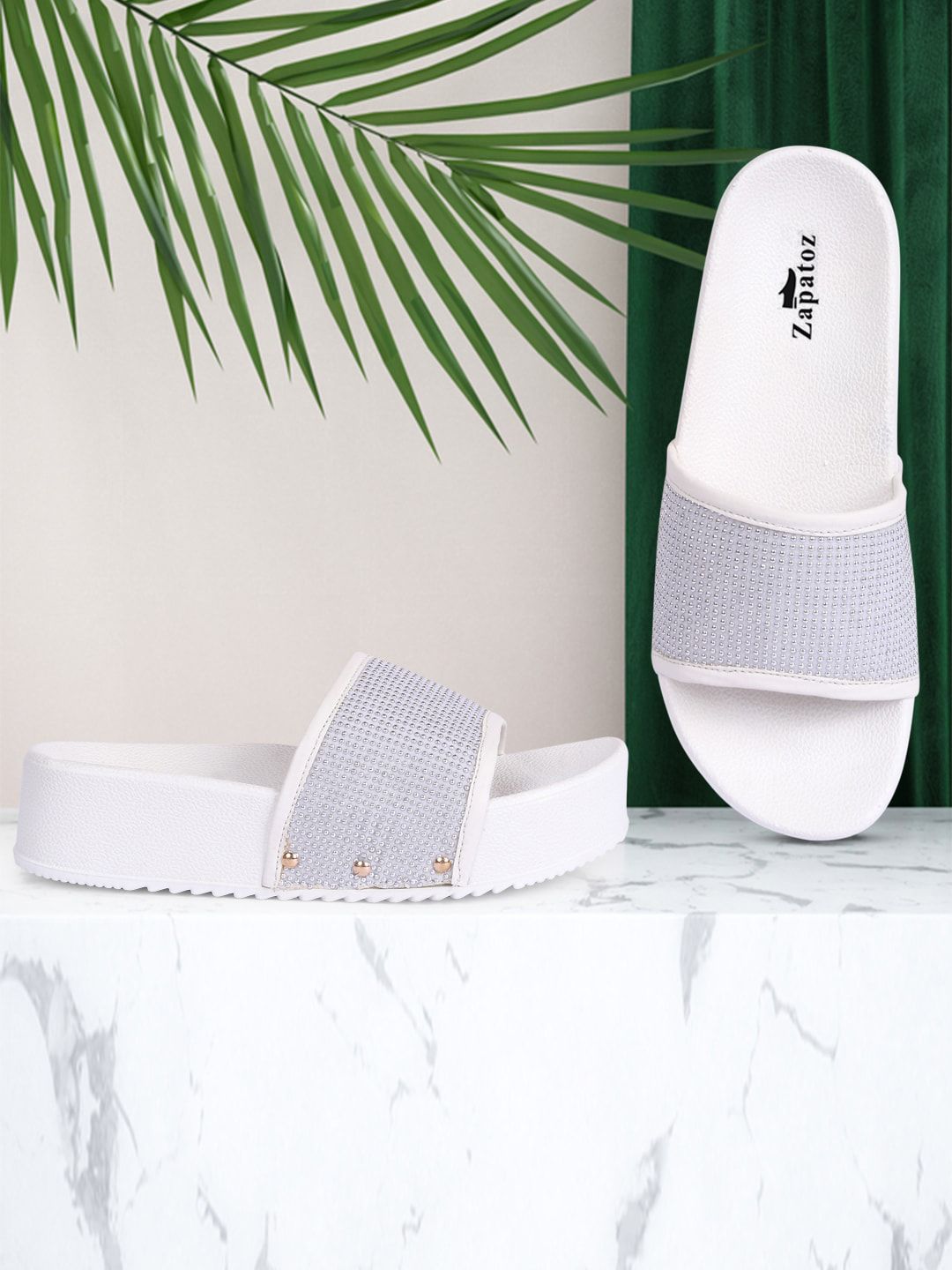 ZAPATOZ White Embellished PU Platform Sandals Price in India