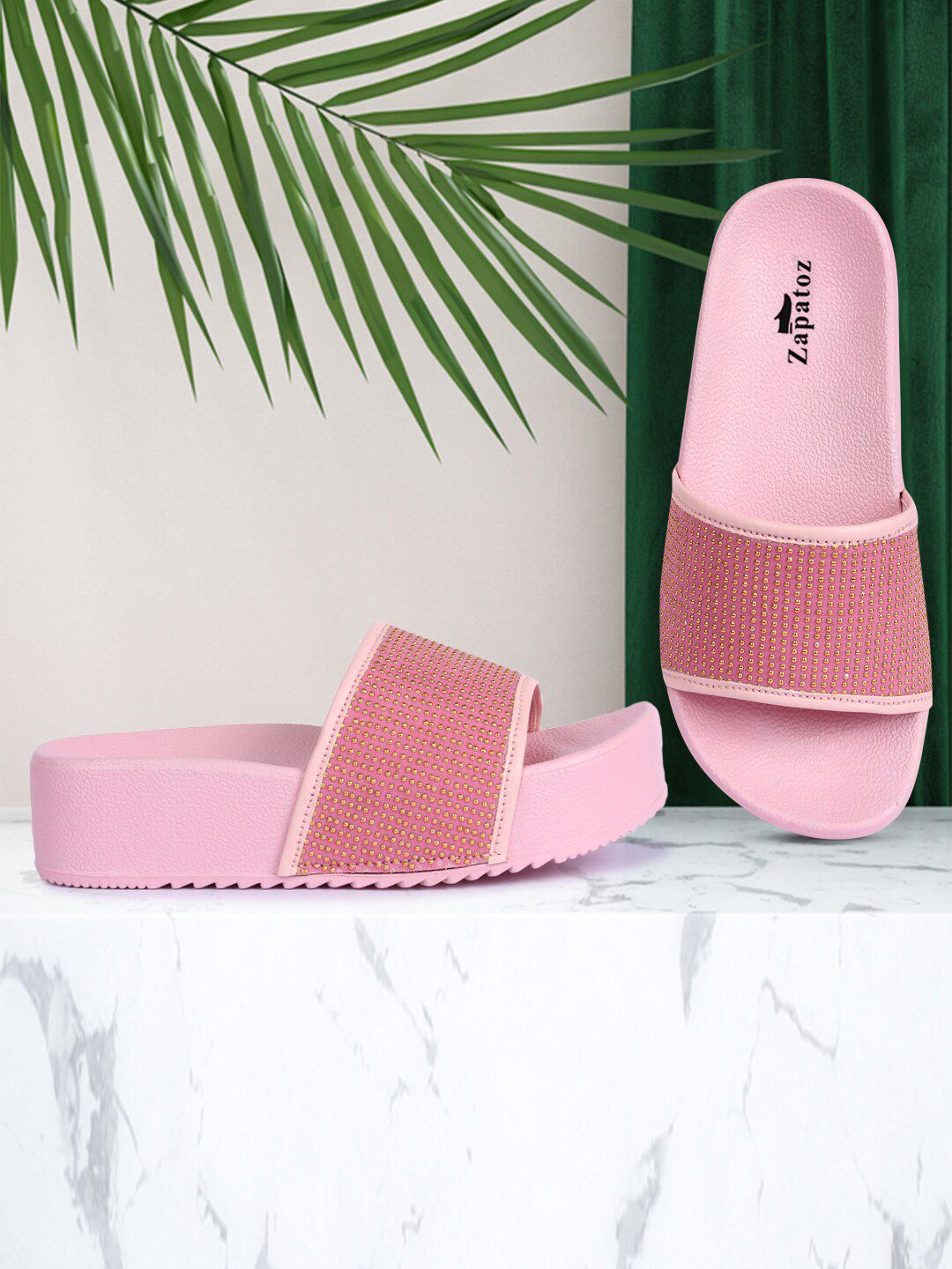 ZAPATOZ Pink Embellished Flatform Sandals Price in India