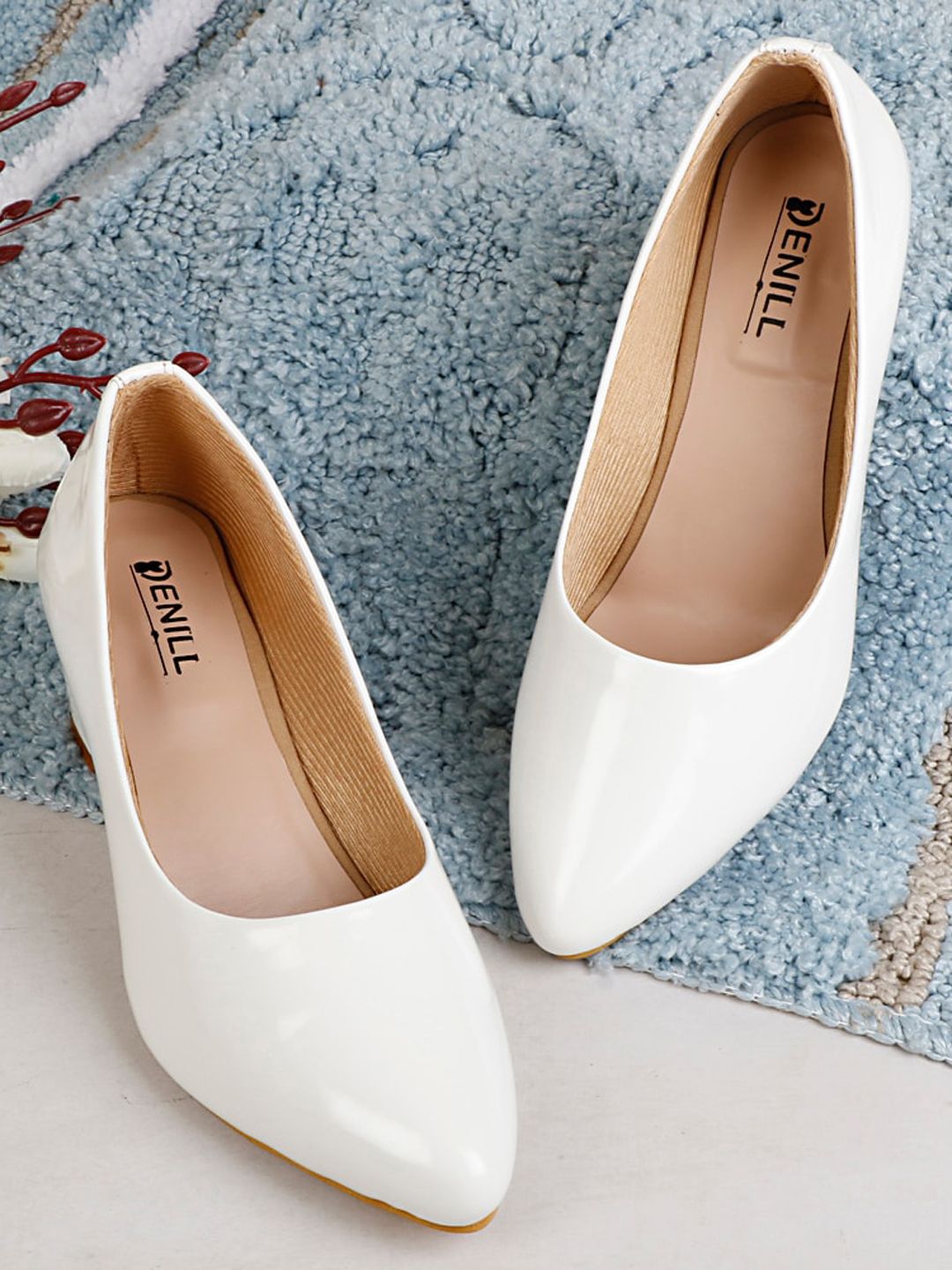 Denill White Solid Pointed Toe Block Heel Pumps Price in India