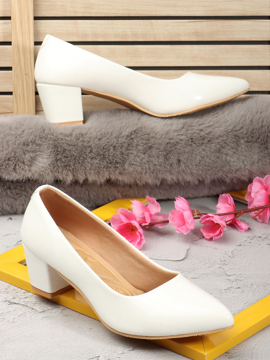 Denill White Solid Pointed Toe Block Heel Pumps