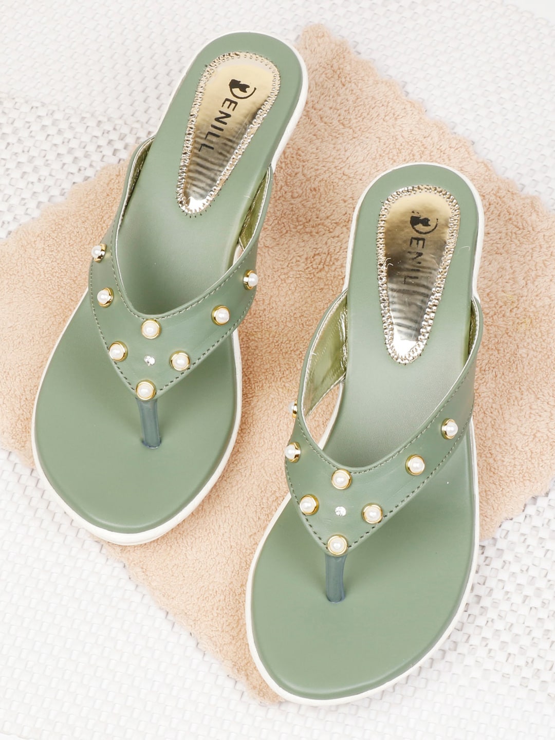 Denill Green Embellished Wedge Heel Sandals Price in India