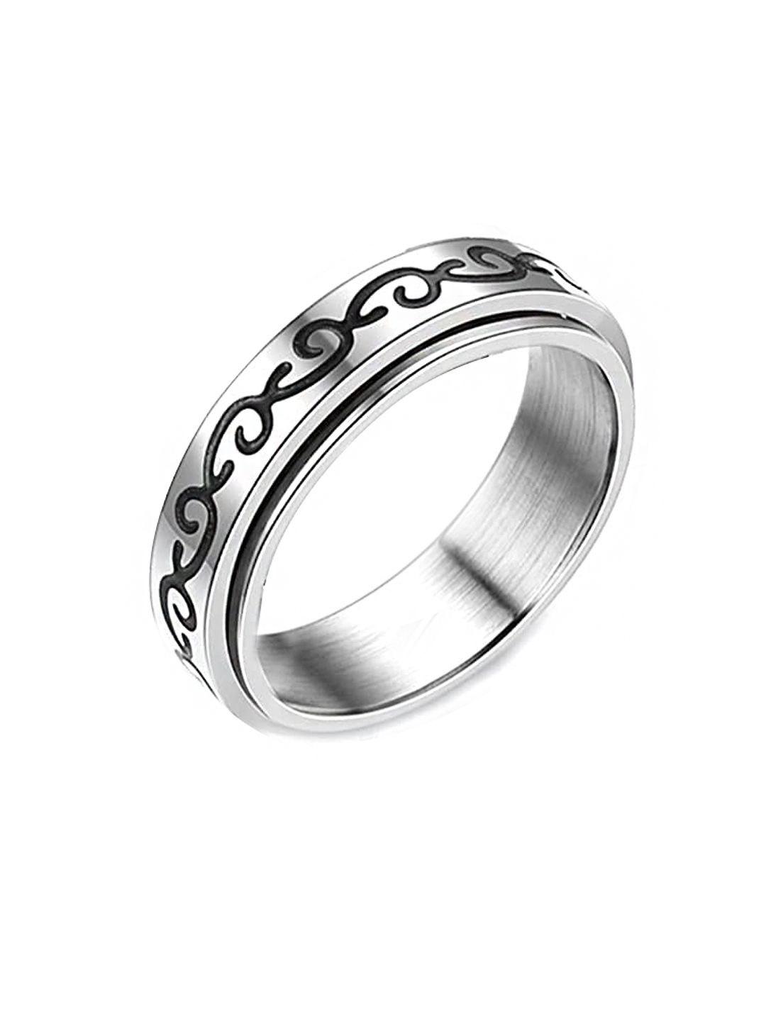 Yellow Chimes Rhodium-Plated Silver-Toned & Black Stainless Steel Finger Ring Price in India