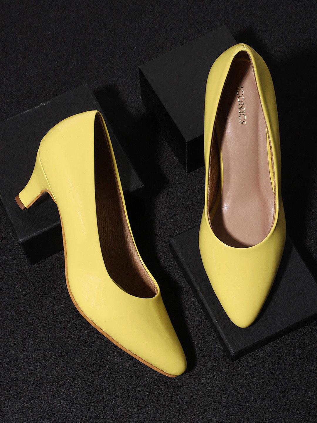 ICONICS Women Yellow Solid Block Heeled Pumps Price in India