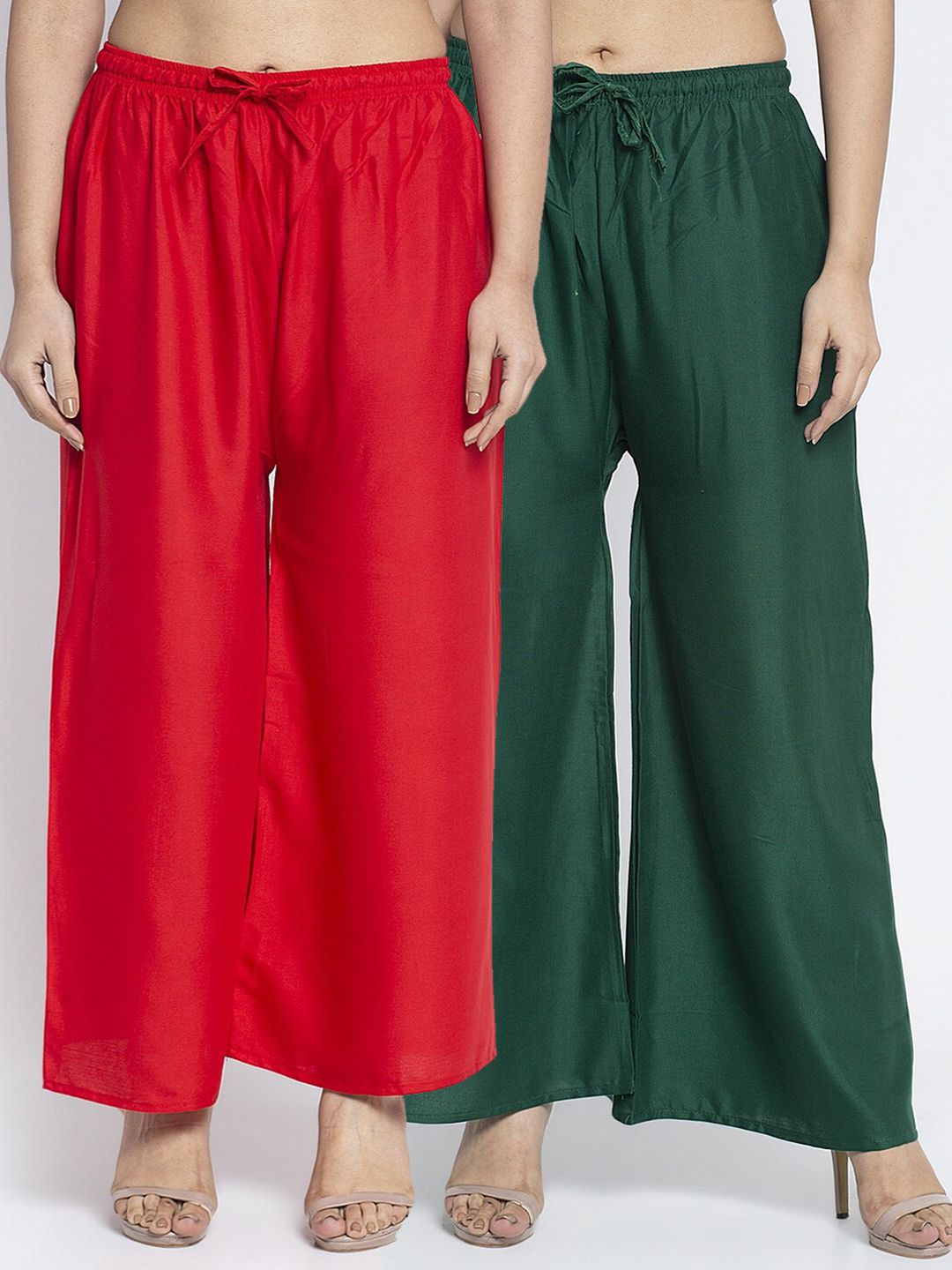 Jinfo Women Red & Green Set of 2 Flared Knitted Ethnic Palazzos Price in India