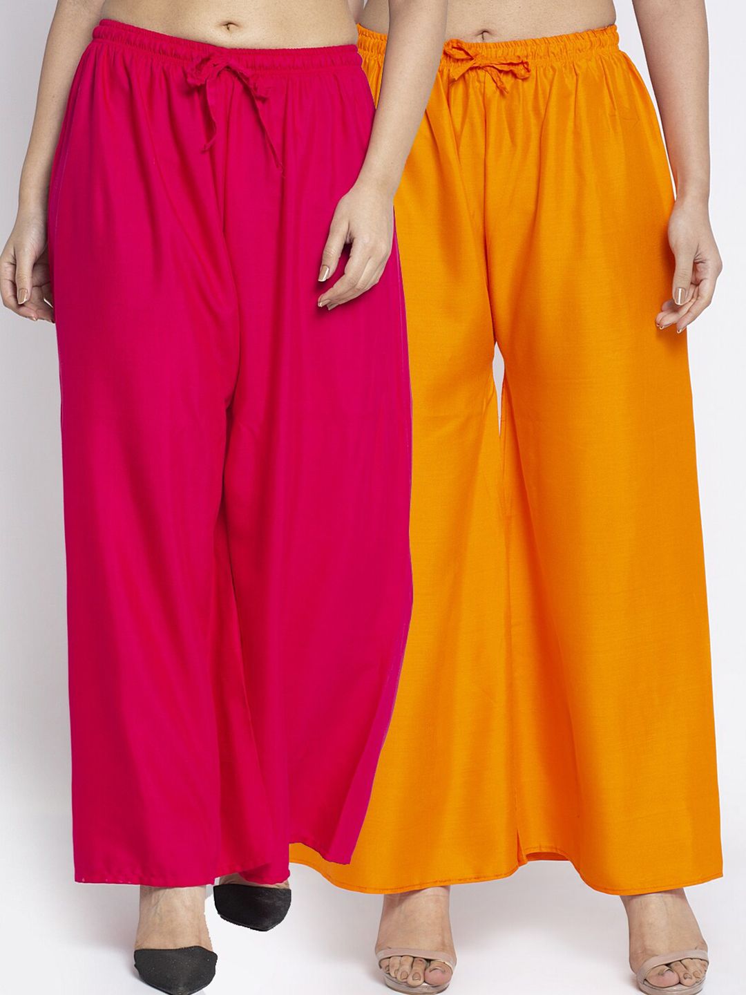 Jinfo Women Pink & Orange Set Of 2 Solid Flared Fit Palazzo Price in India