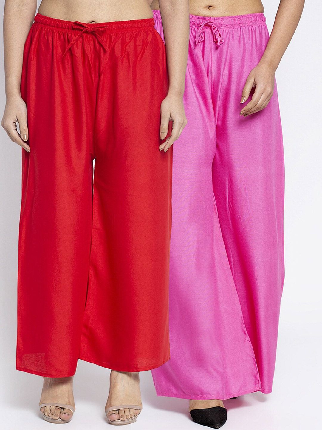 Jinfo Women Red & Pink Set Of 2 Solid Flared Fit Palazzo Price in India