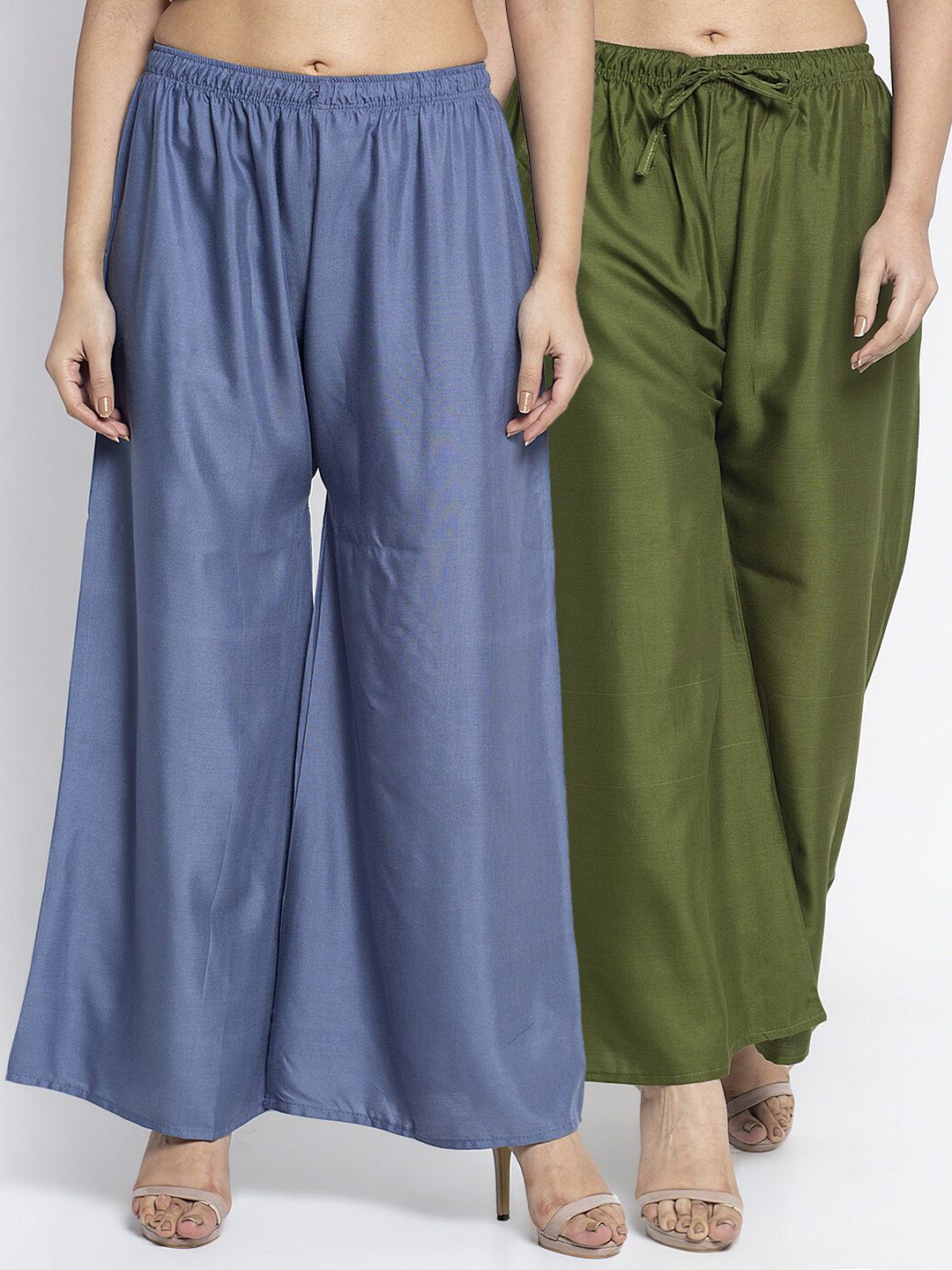 Jinfo Women Pack Of 2 Grey & Green Solid Flared Palazzos Price in India