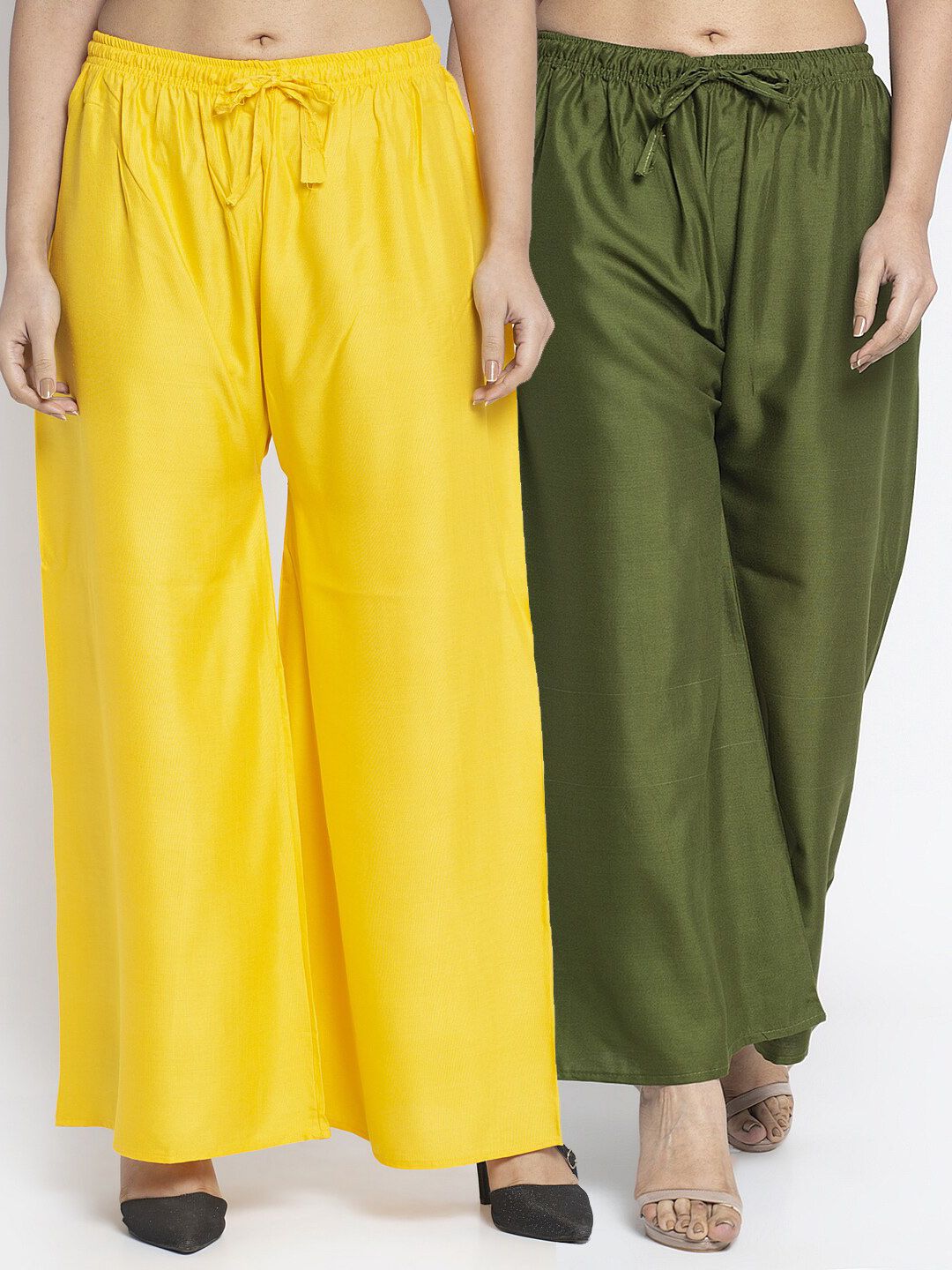 Jinfo Women Yellow & Green Pack of 2 Flared Ethnic Palazzos Price in India