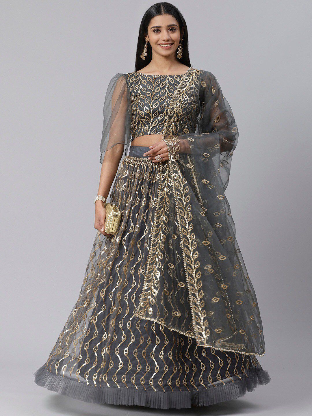 SHOPGARB Charcoal & Gold Embellished Sequinned Semi-Stitched Lehenga & Unstitched Choli Price in India