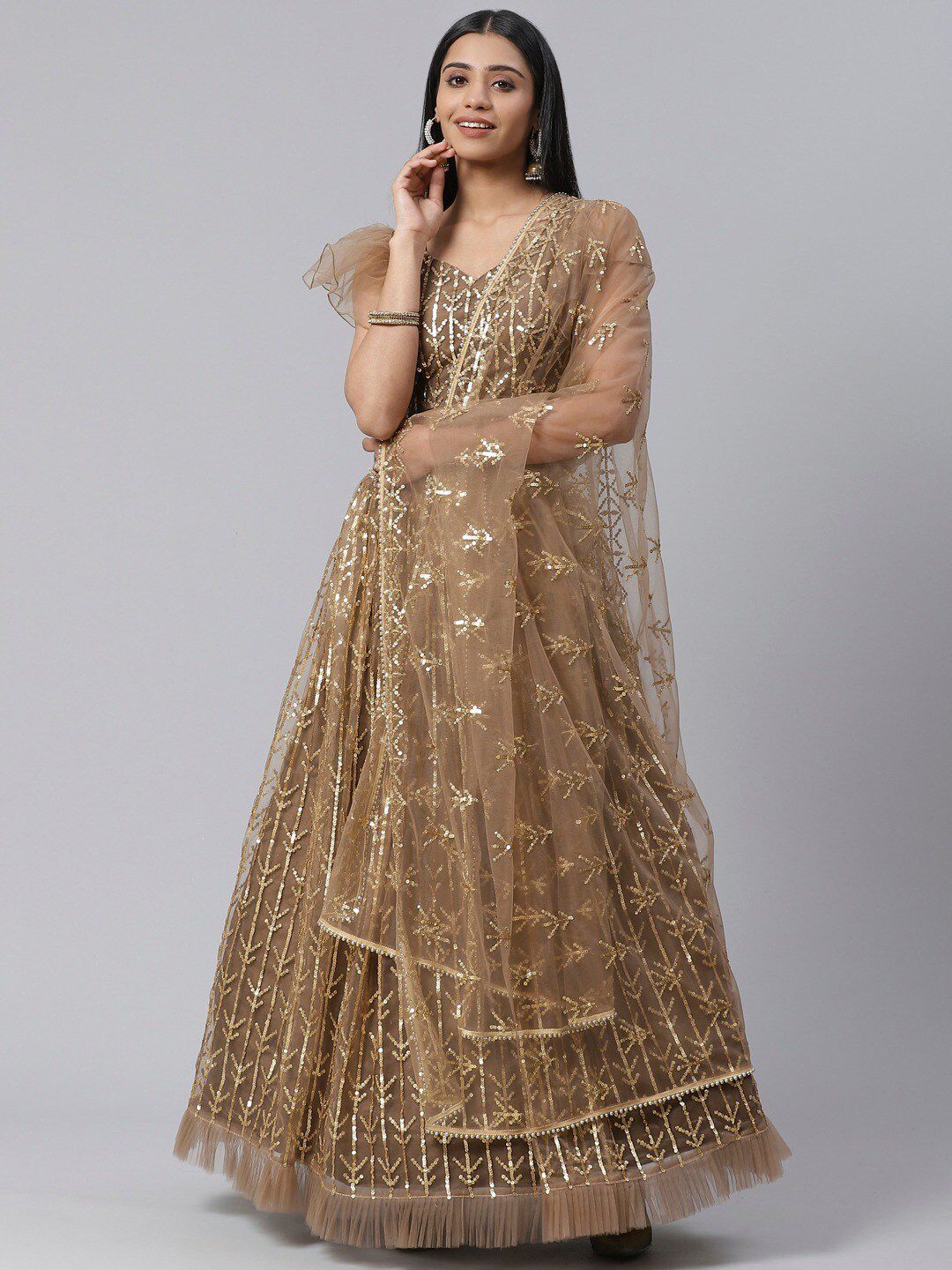SHOPGARB Brown & Gold-Toned Embellished Sequinned Semi-Stitched Lehenga & Unstitched Blouse With Dupatta Price in India