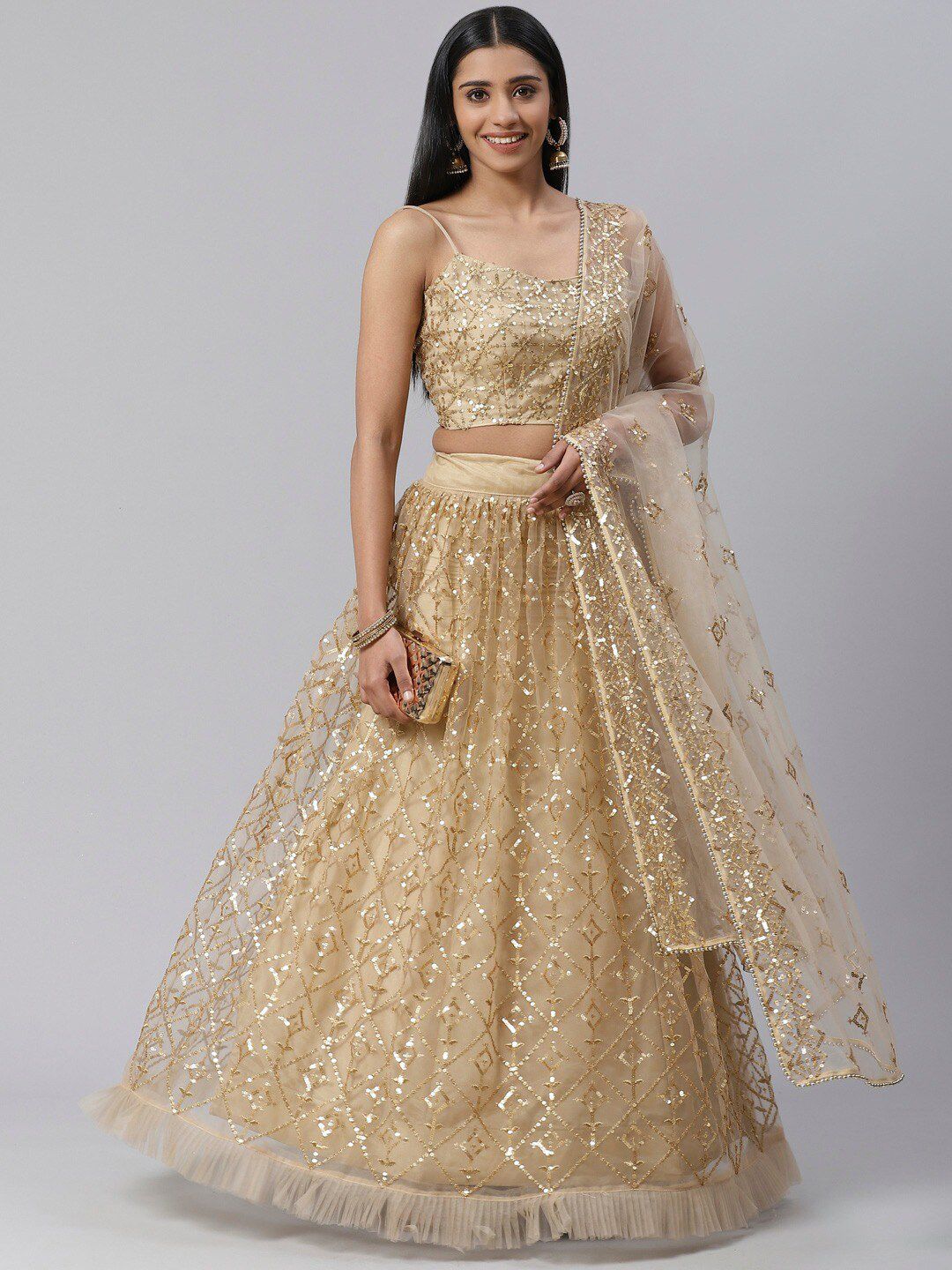 SHOPGARB Beige & Gold-Toned Semi-Stitched Lehenga & Unstitched Blouse With Dupatta Price in India