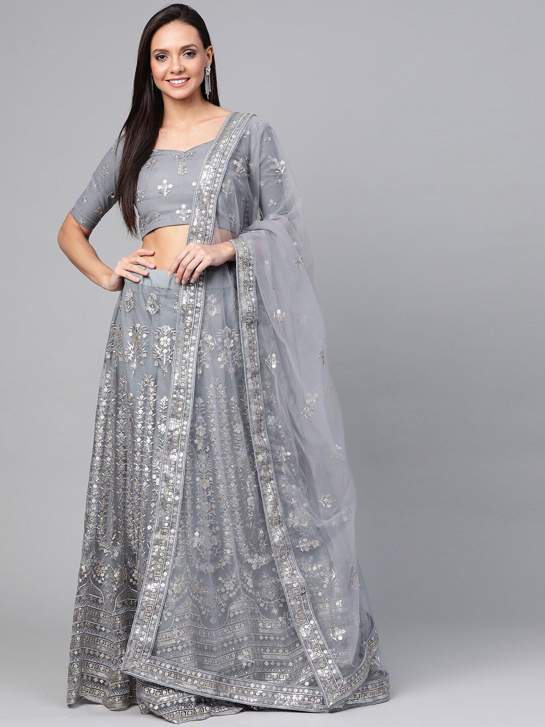 SHOPGARB Women Grey Embellished Semi-Stitched Lehenga & Unstitched Blouse with Dupatta Price in India