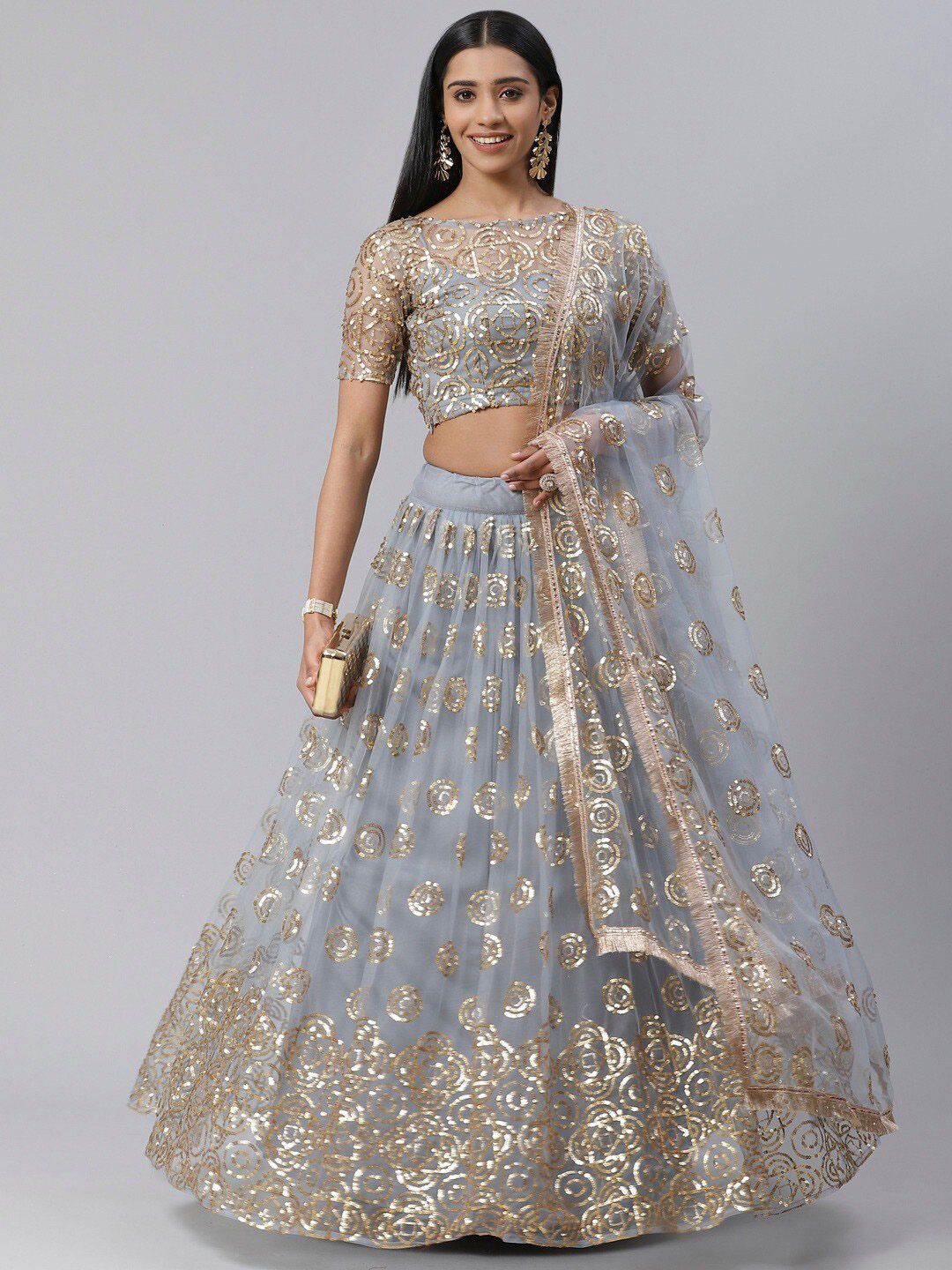 SHOPGARB Grey & Gold-Toned Sequinned Semi-Stitched Lehenga Unstitched Blouse With Dupatta Price in India