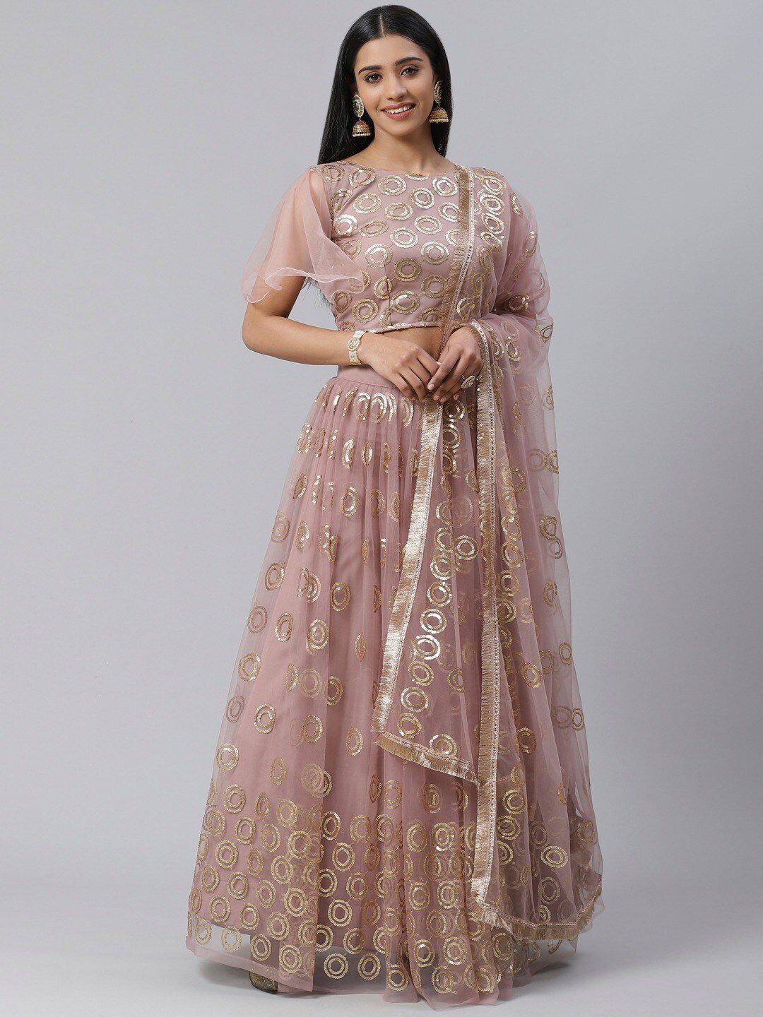 SHOPGARB Mauve & Gold-Toned Embellished Sequinned Semi-Stitched Lehenga & Unstitched Blouse With Dupatta Price in India