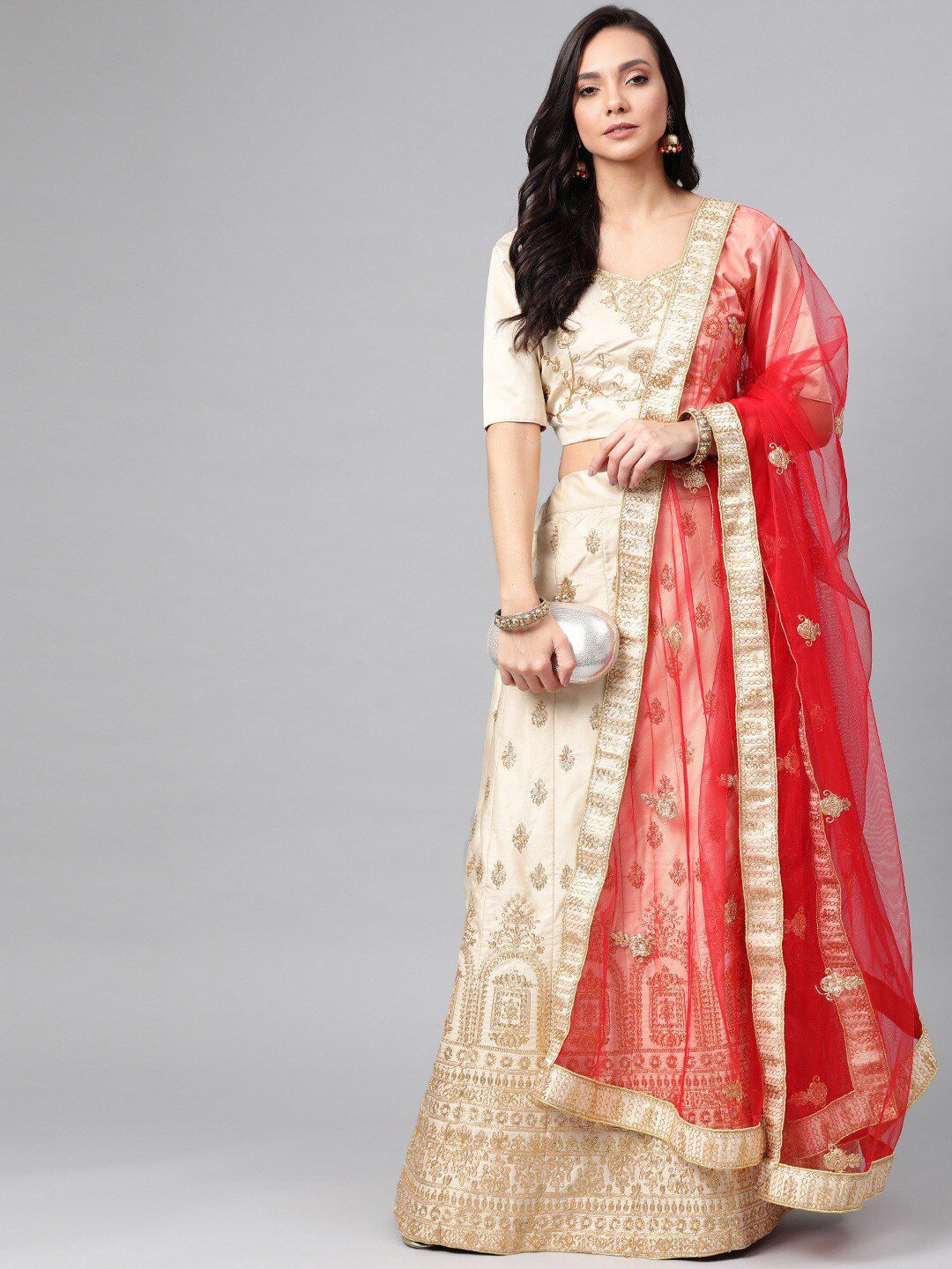 SHOPGARB Cream-Coloured & Red Embroidered Thread Work Semi-Stitched Lehenga & Unstitched Blouse With Dupatta Price in India