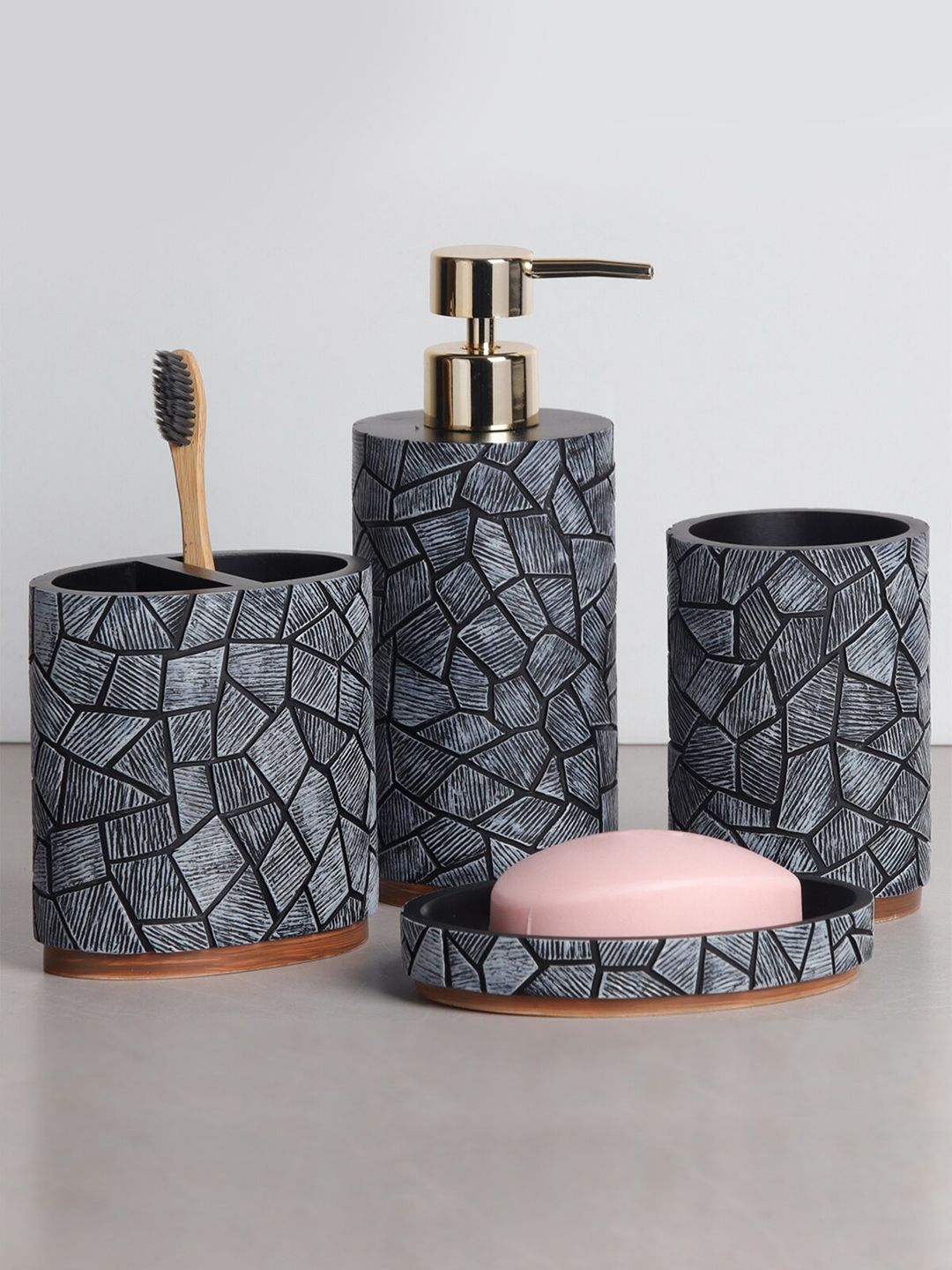 Obsessions Pack of 4 Charcoal Textured Polyresin Bathroom Set Price in India