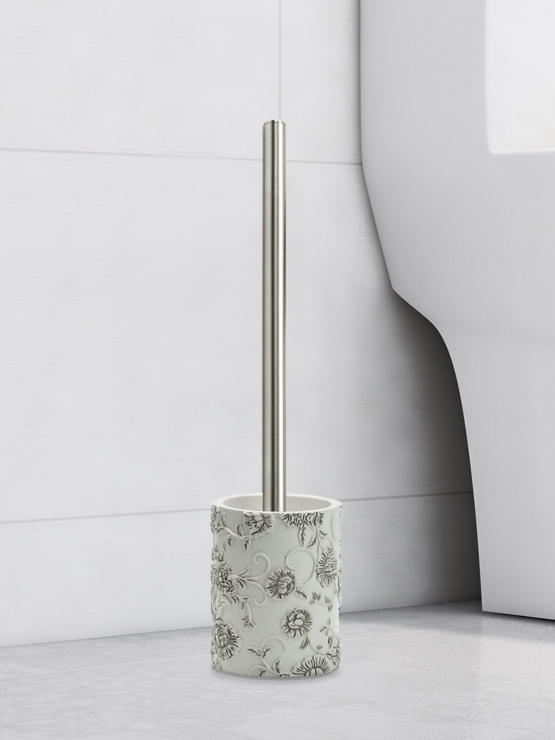 OBSESSIONS Grey & White Floral Freestanding Polyresin Toilet Brush with Holder Price in India