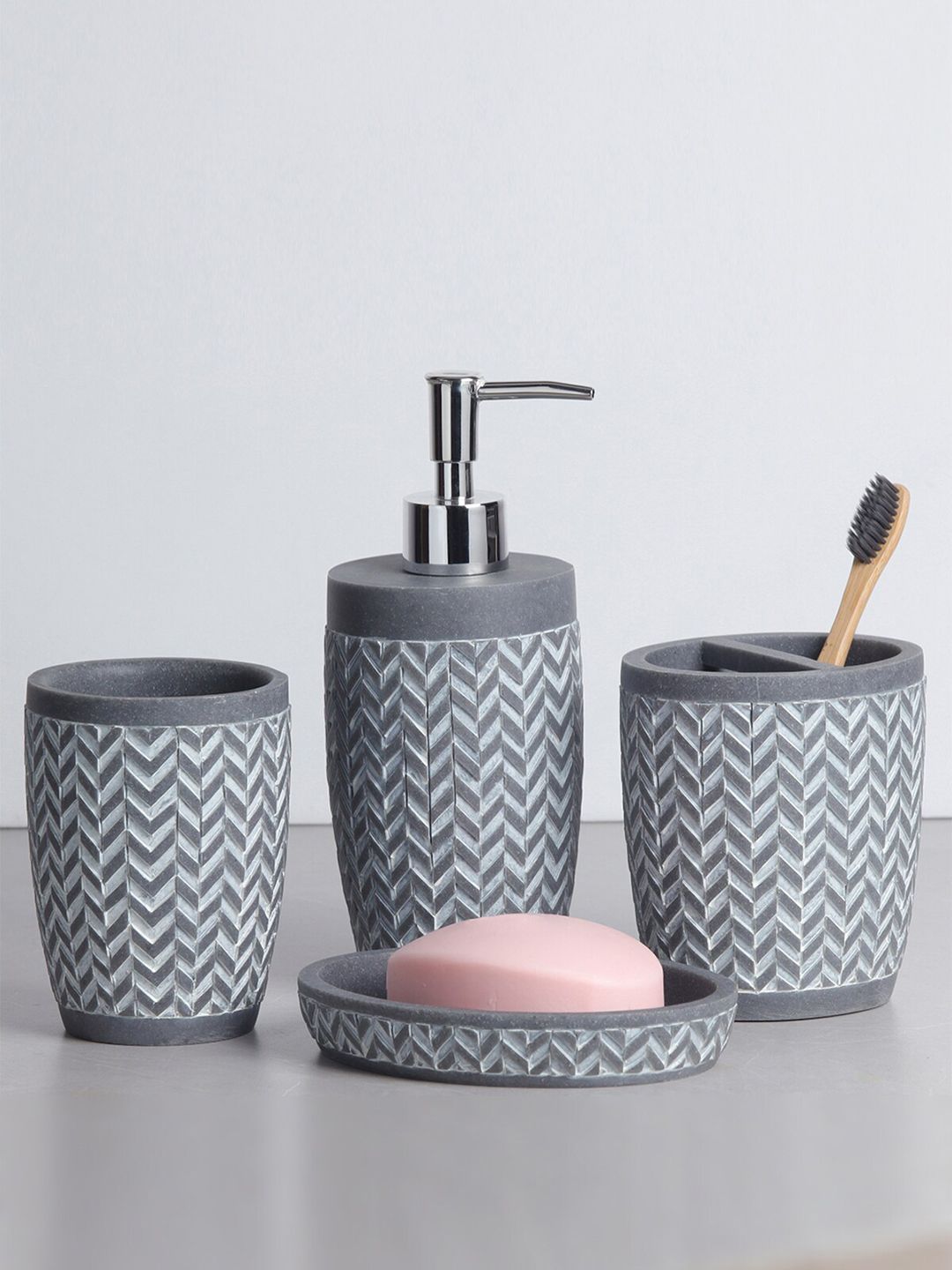 OBSESSIONS Grey Polyresin 4 Pcs Bathroom Set Price in India