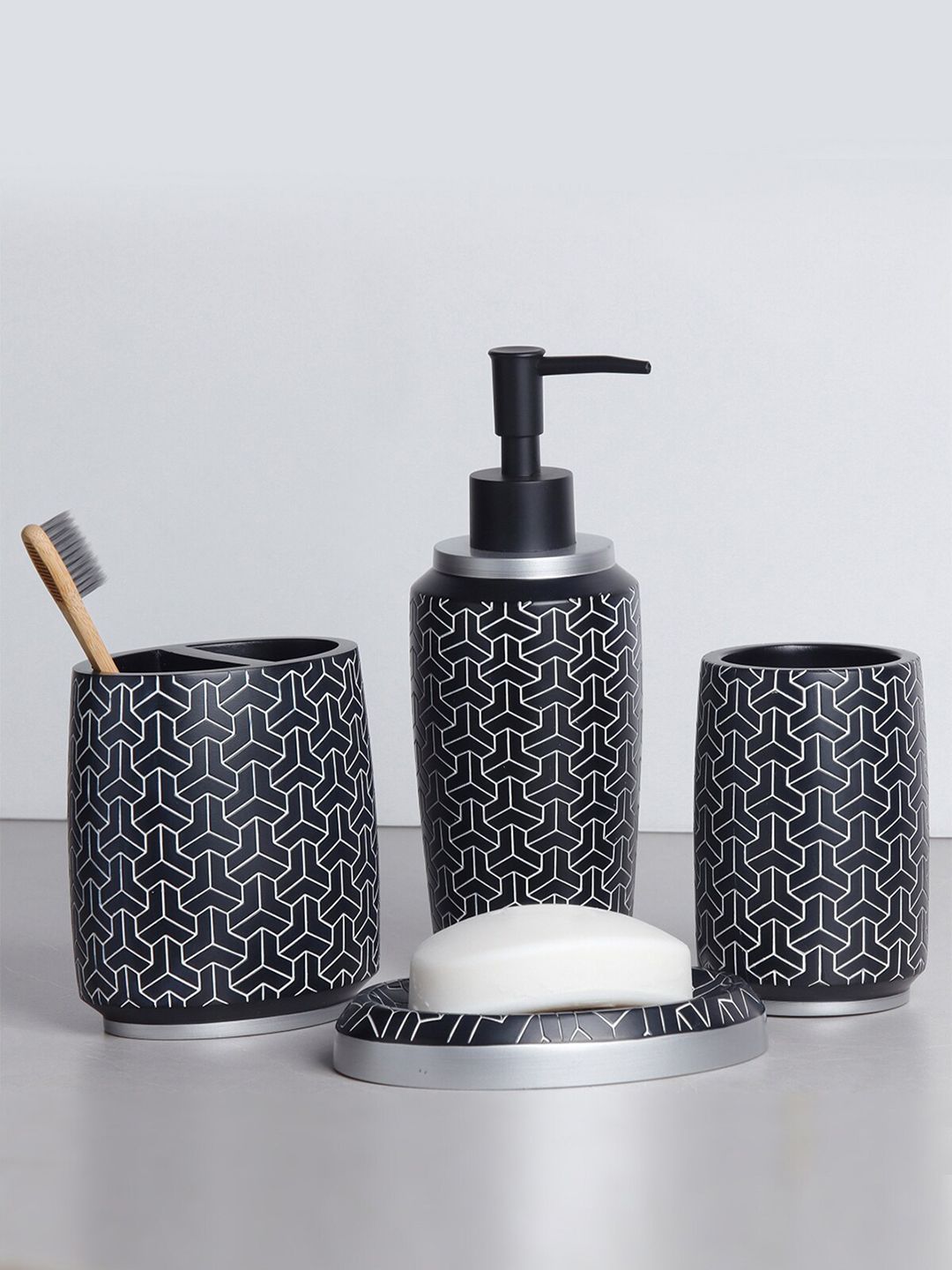 OBSESSIONS Black & Silver Polyresin 4 Pcs Bathroom Set Price in India