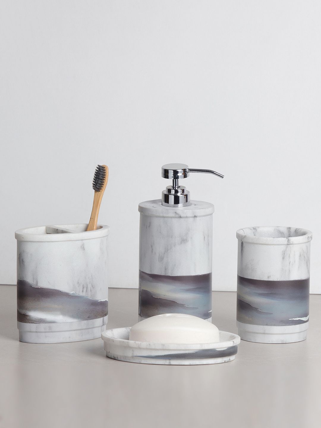 OBSESSIONS Grey & Blue Polyresin 4 Pcs Bathroom set Price in India