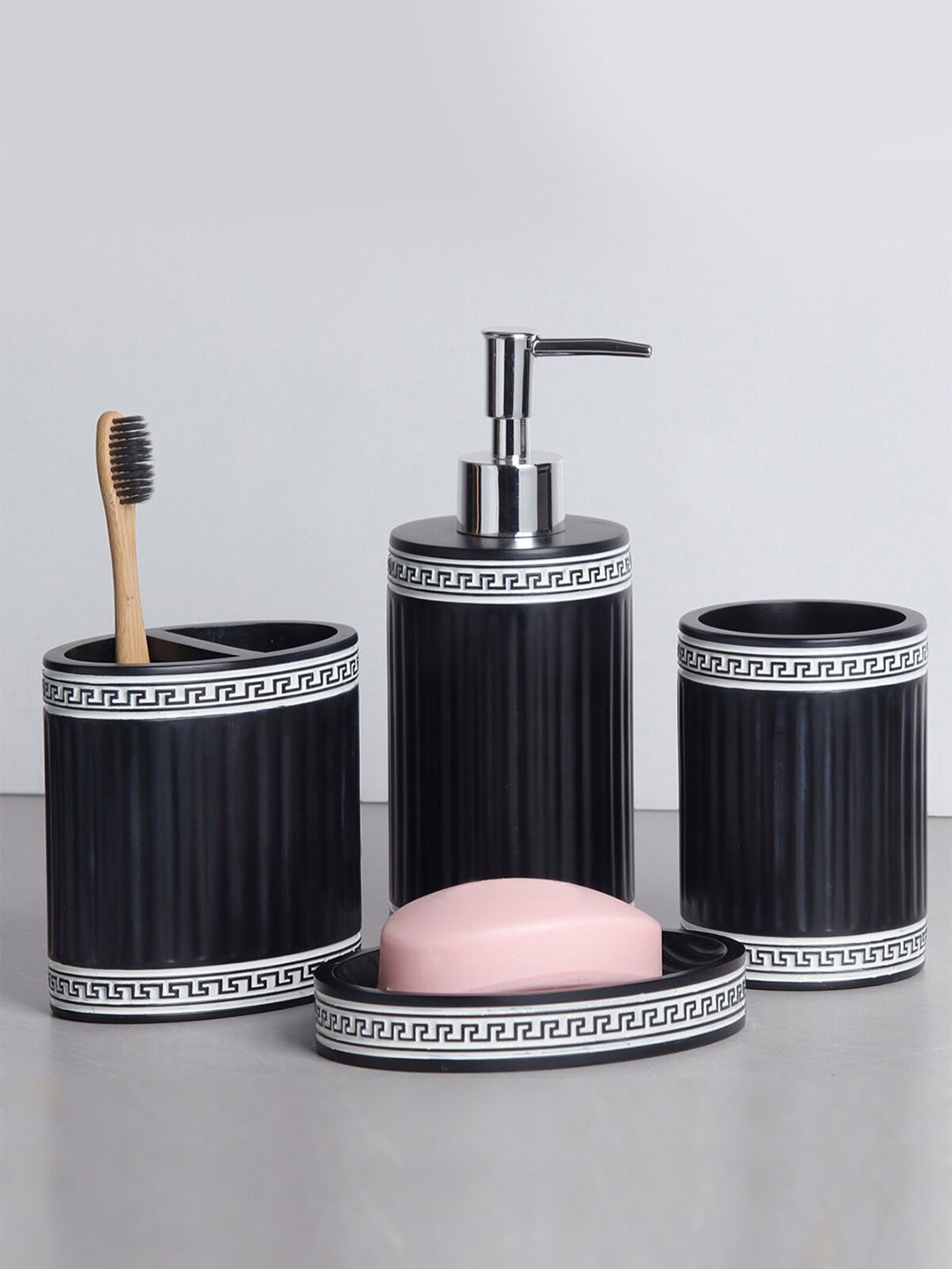 OBSESSIONS Black & White Polyresin Bathroom Set- 4 Pieces Price in India