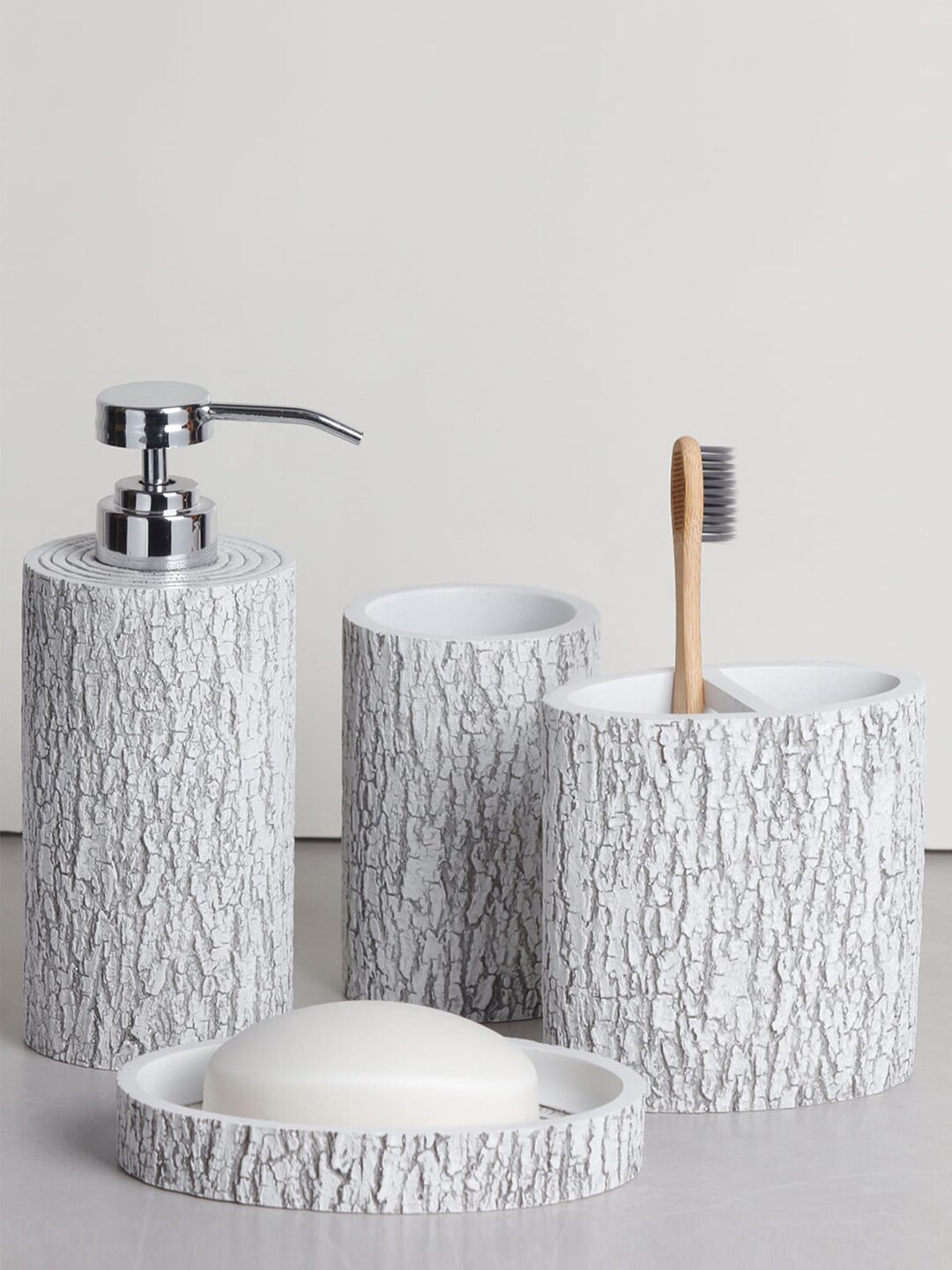 OBSESSIONS Grey & White Textured Polyresin Bathroom Set-4 Pieces Price in India