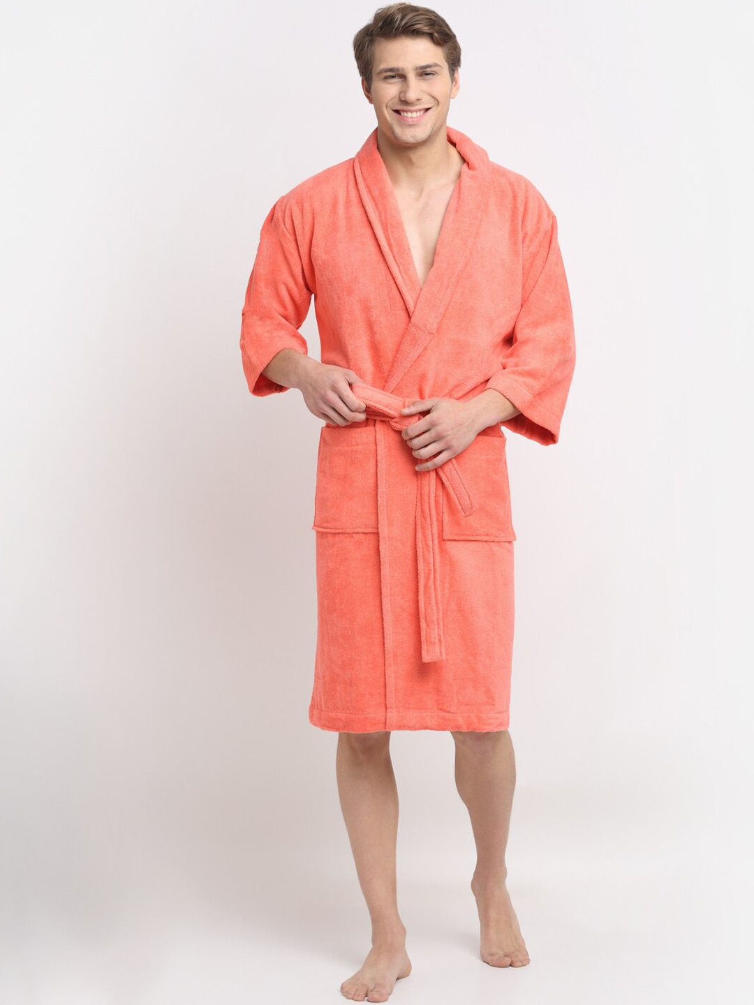 Creeva Unisex Coral-Coloured Solid Bath Robe With Pockets Price in India