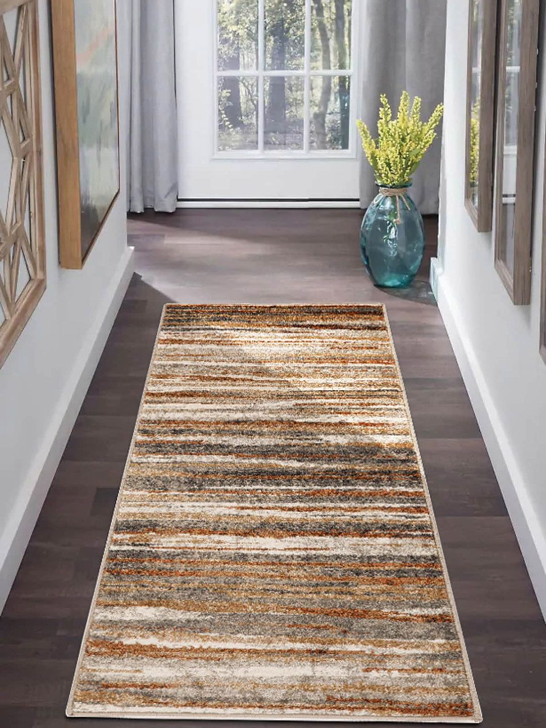 OBSESSIONS Cream-Coloured & Grey Abstract Anti-Skid Floor Runner Price in India