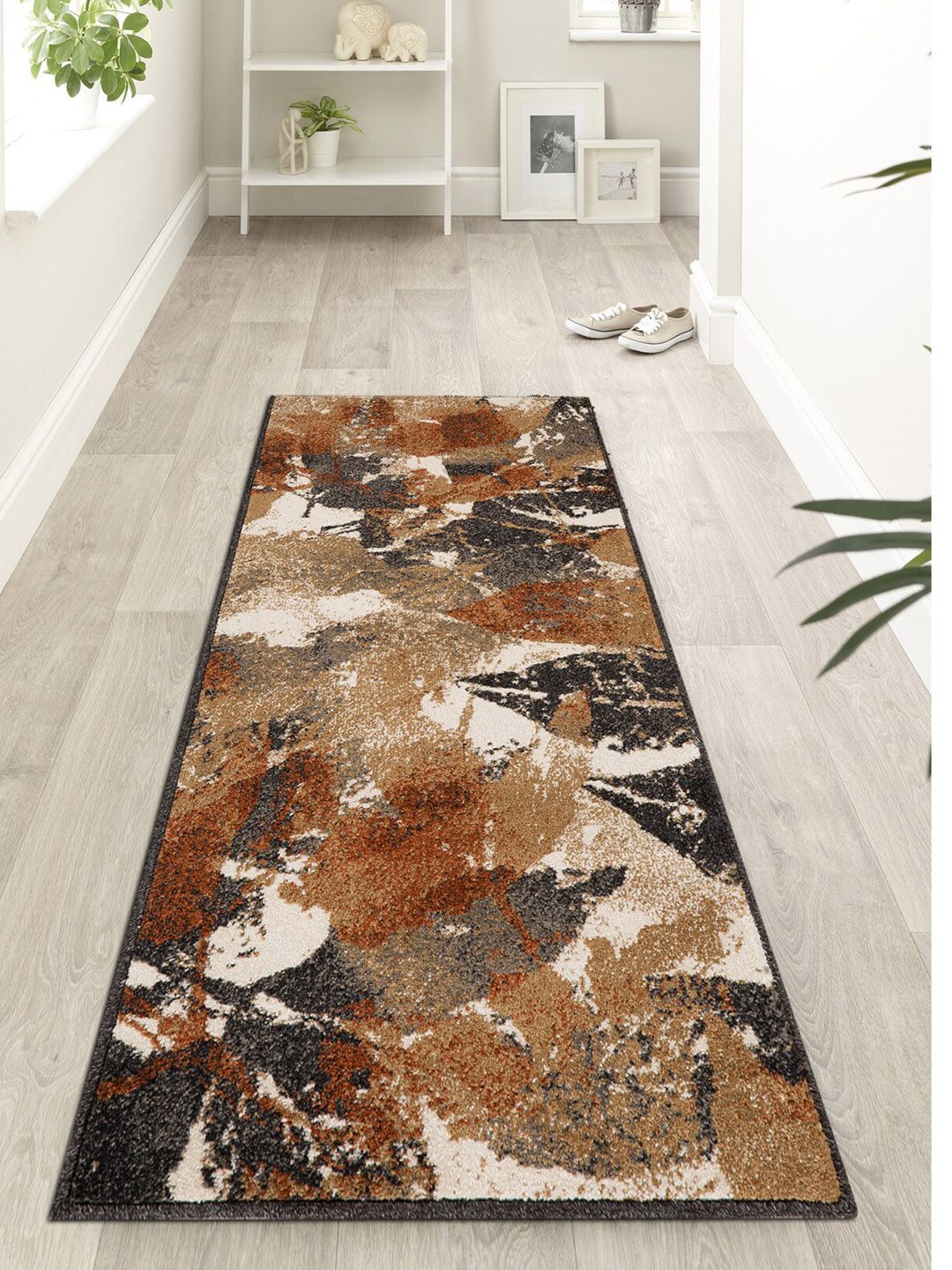 OBSESSIONS Brown & Cream-Coloured Abstract Anti-Skid Floor Runner Price in India